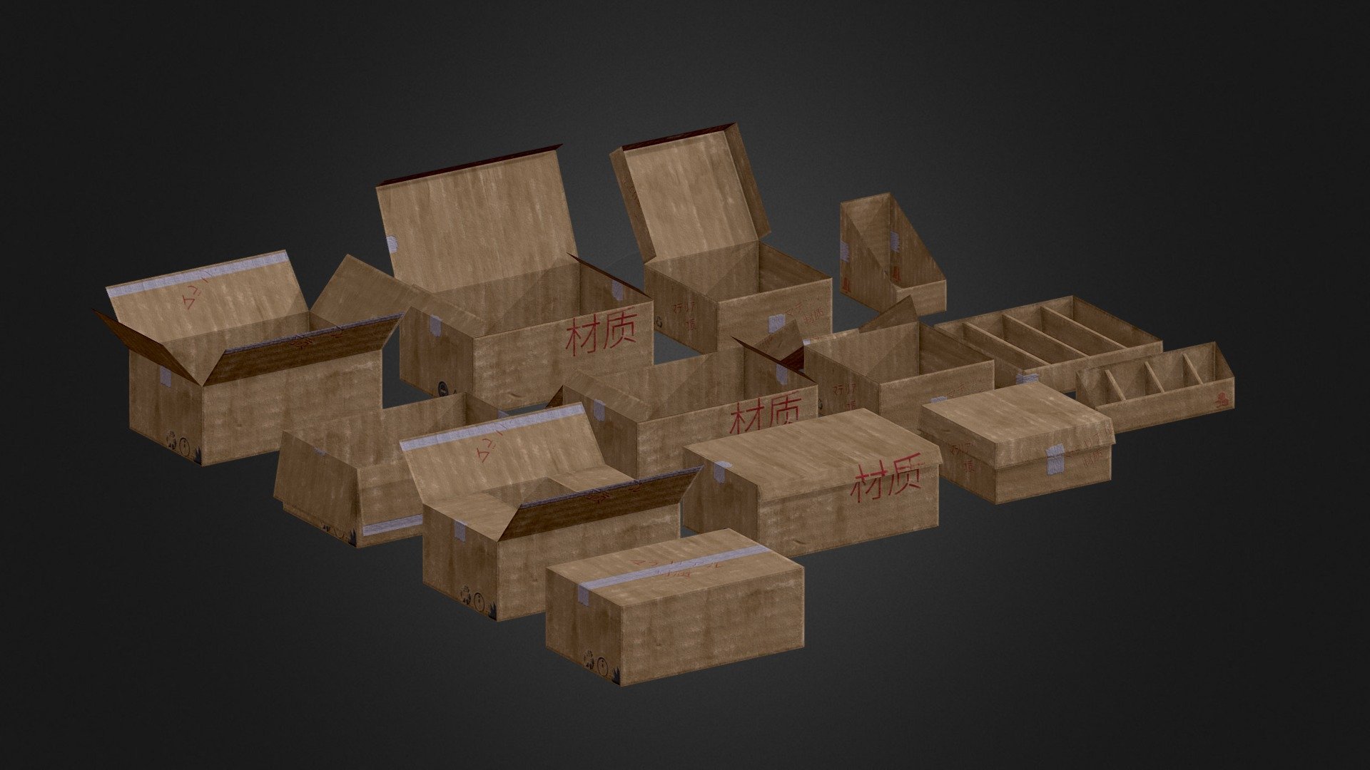 Low-Poly cardboard boxes.

2k Texture Resolution. Average Texel Density - 17.320 px/cm.

Using Two-Sides Shader!

Check out my ArtStation - https://www.artstation.com/jellystuff - Game-Ready Cardboard Boxes - Download Free 3D model by jellystuff 3d model