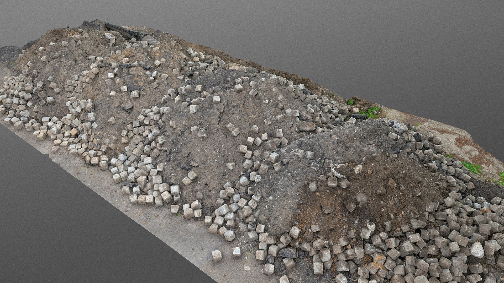 Pile of construction soil mud land earth dirt heap pile mound, freshly digged, mixed with some debris, grass, dry soil and sett sampietrini cobblestone paving cube blocks

Photogrammetry scan 340x24MP, 3x16K texture + HD Normals, fully delighted - Construction soil mud heap with paving - Buy Royalty Free 3D model by matousekfoto 3d model