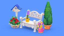 Little Bench in Springtime tree, toon, pot, bird, flower, bench, garden, flowers, pack, spring, rose, tulip, summer, roses, cartoon, asset, game, blender, wood, stylized