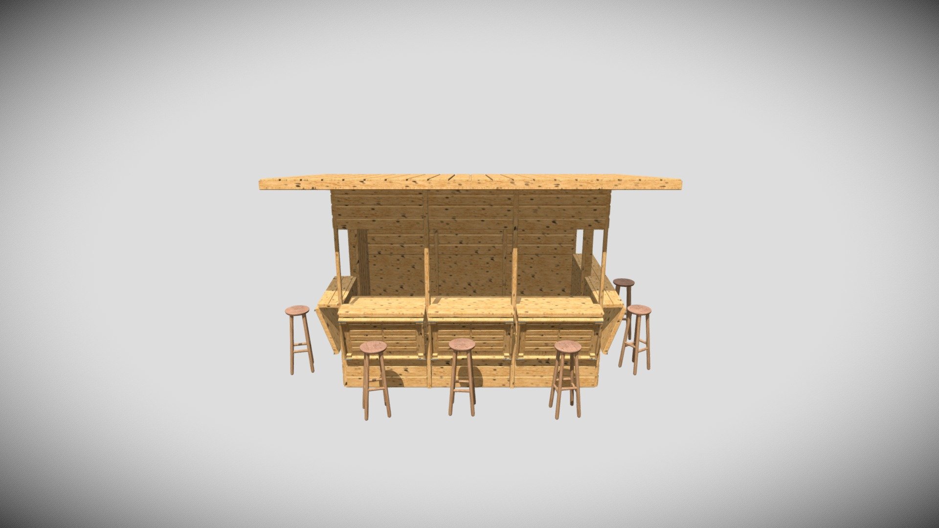 3D model of a wooden vending stand, also known as kiosk. The structure can also serve as a small bar (stools included).
Created in Blender. 
Whole model is textured, with fully unwrapped UVs. 4096x4096 PNG texture maps are provided (color, roughness, normal, metallic).
Model consists of 8014 faces and 8636 vertices 3d model