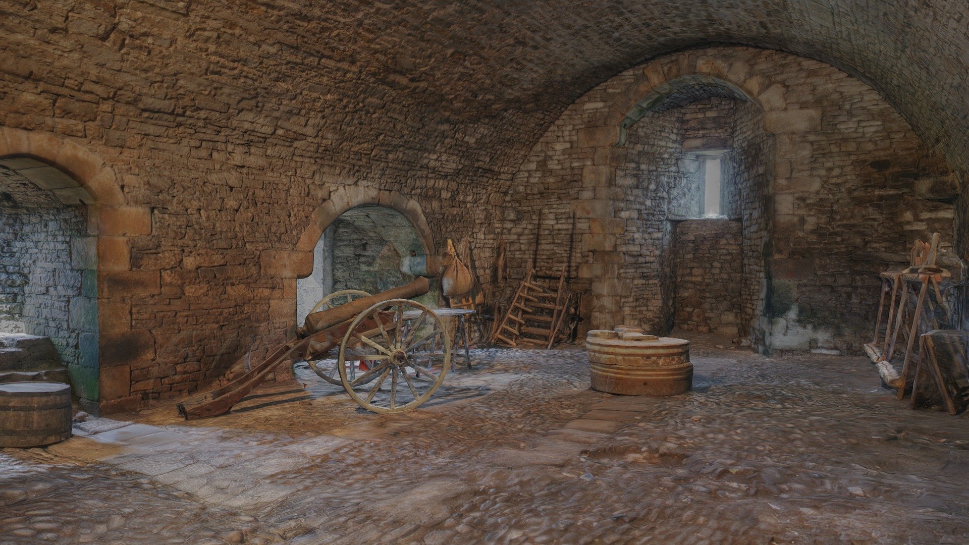 Threshing floor room at Bolton Castle, North Yorkshire, UK

Created from 140 photographs (Canon EOS Rebel T5i).  Some mesh editing and reconstruction (canon wheels and table) in Blender 2.92.  Decimated model from original model of 4.5M faces.  Some issues with ghosting in the textures.  Scaled for VR experience.

Photographed in July 2018 3d model