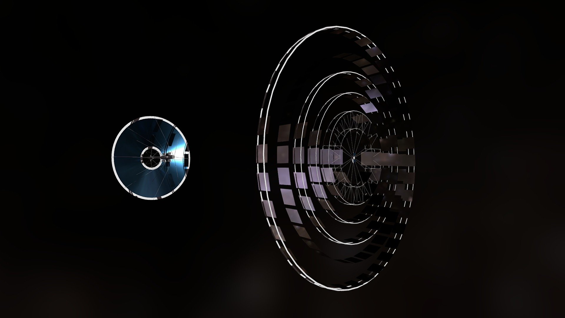 A rough mock-up of the Starglider combined Solar-sail and impulse inertial-drive craft, along with the supporting Phaeton Collector Station. The solar sail on the Starglider also acts as photo-voltaic collector, which then powers banks of impulse reaction wheels along the sides of the craft. The Phaeton maintains station in orbit around the Sun and beams sunlight to power the Starglider with its massive array of collector mirrors when the Starglider passes somewhere outside the orbit of Mars 3d model