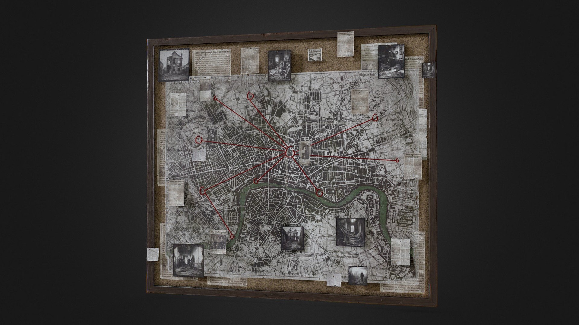 This game-ready model features a Victorian inspired detective board. This model is included in Victorian Room on Sketchfab.

Features




The mode includes an investigation pinboard for a detective or police themed environment

The model is low-poly and optimised for use in game, VR, archviz, and visual production.

The model has clean topology, grouped and named appropriately, and unwrapped.

1,638 triangles; 1,246 vertices.

Modelled in Blender and textured in Substance Painter.

Textures

Model has 1 PBR texture set. Textures are in .png at 4096x4096 and includes: Base Colour, Roughness, Metallic, Normal, Opacity - Detective Board - Buy Royalty Free 3D model by Matthew Collings (@mtcollings) 3d model