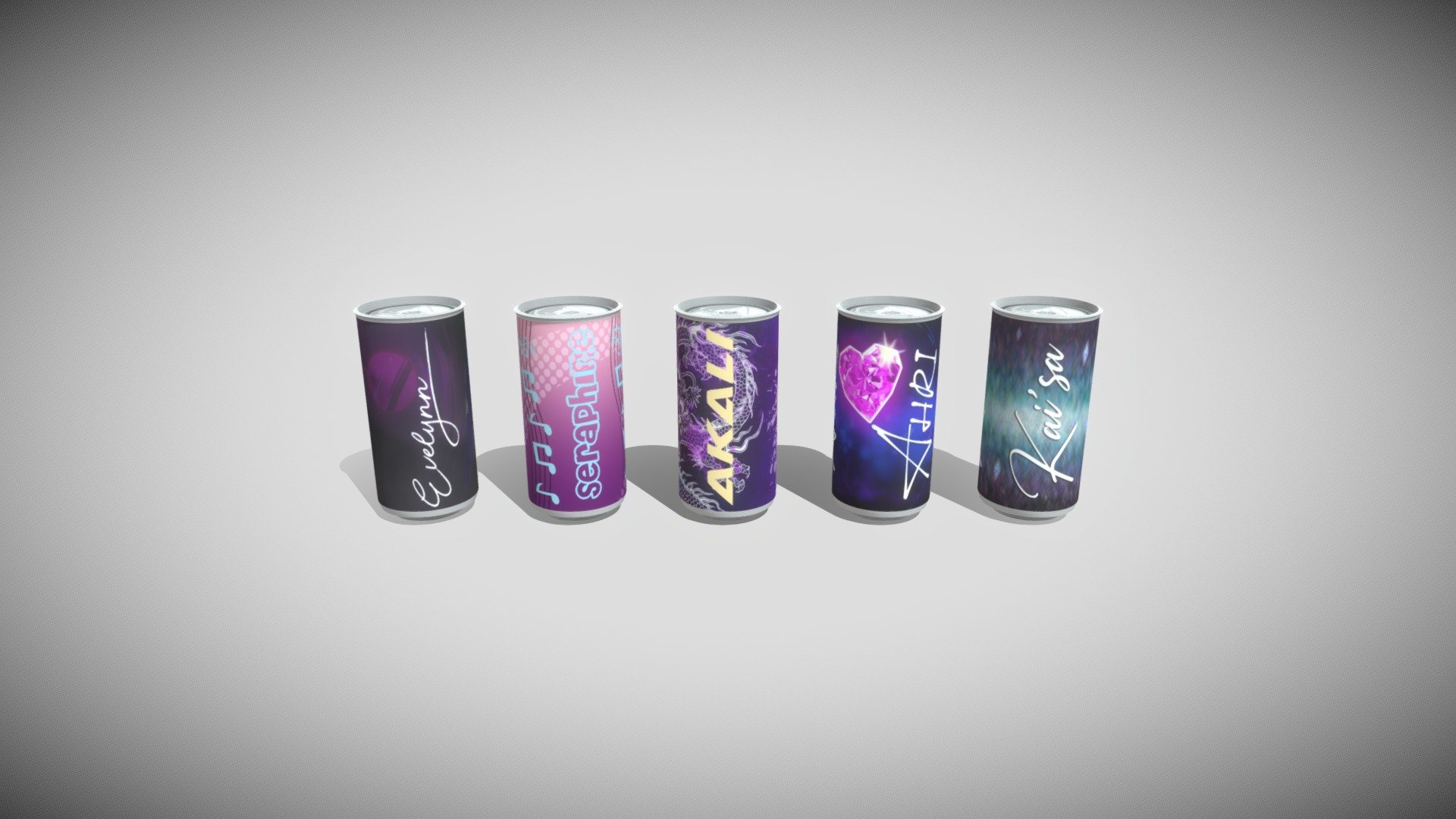 The soda cans were made based on the original formation of the K/DA of the game legue of legends.
A bonus there is also the seraphine soda can, which until the moment of this upload has not been launched 3d model