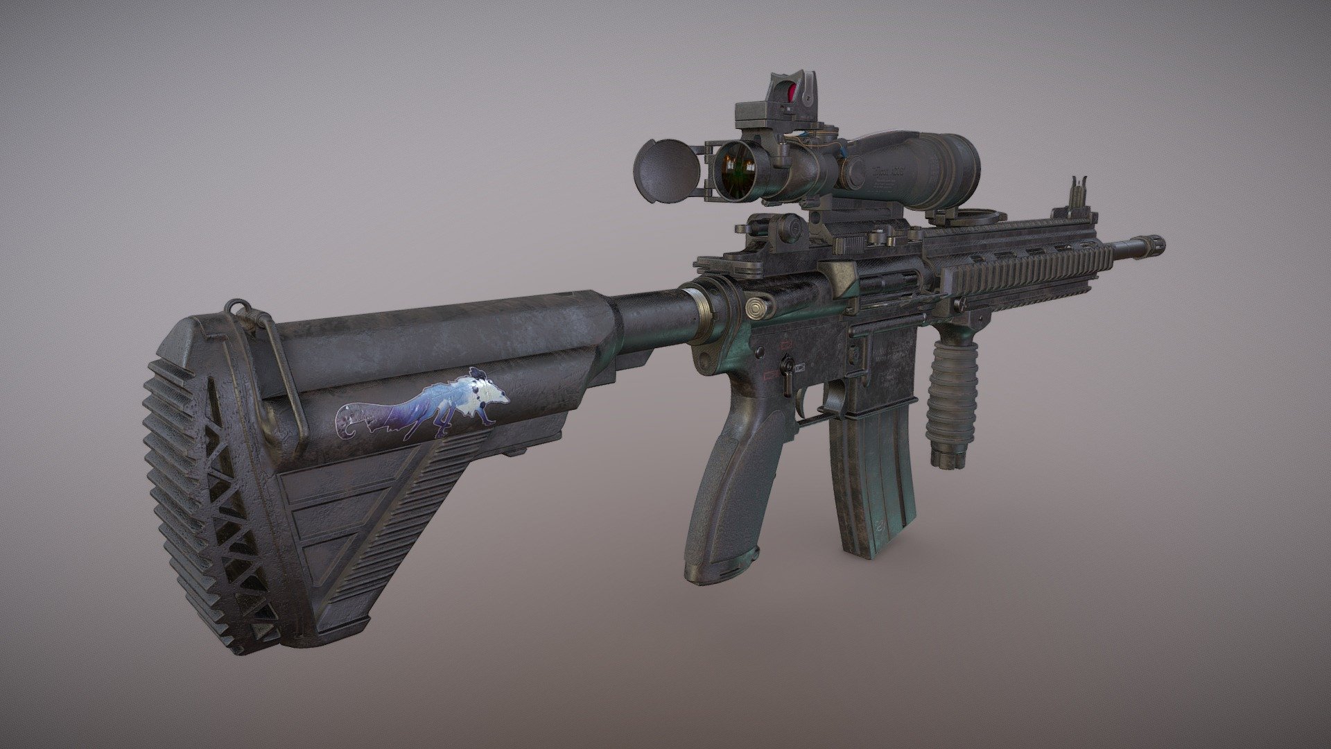 The M27 IAR with Trijicon ACOG rifle scope, red-dot, front and hind eye-sights.
This is a long pending personal project initially started as a weapon asset for gaming, but ended up working with multiple texture maps through UDIM workflow, with an efficient skill up in materials study, details and light reaction to materials.
So after multiple experiments, failures and system constraints this turn out to be the output.
Sticker source : Pinterest - Infantry Automatic Rifle - Download Free 3D model by Skyfox13 (@podderkuntal25) 3d model