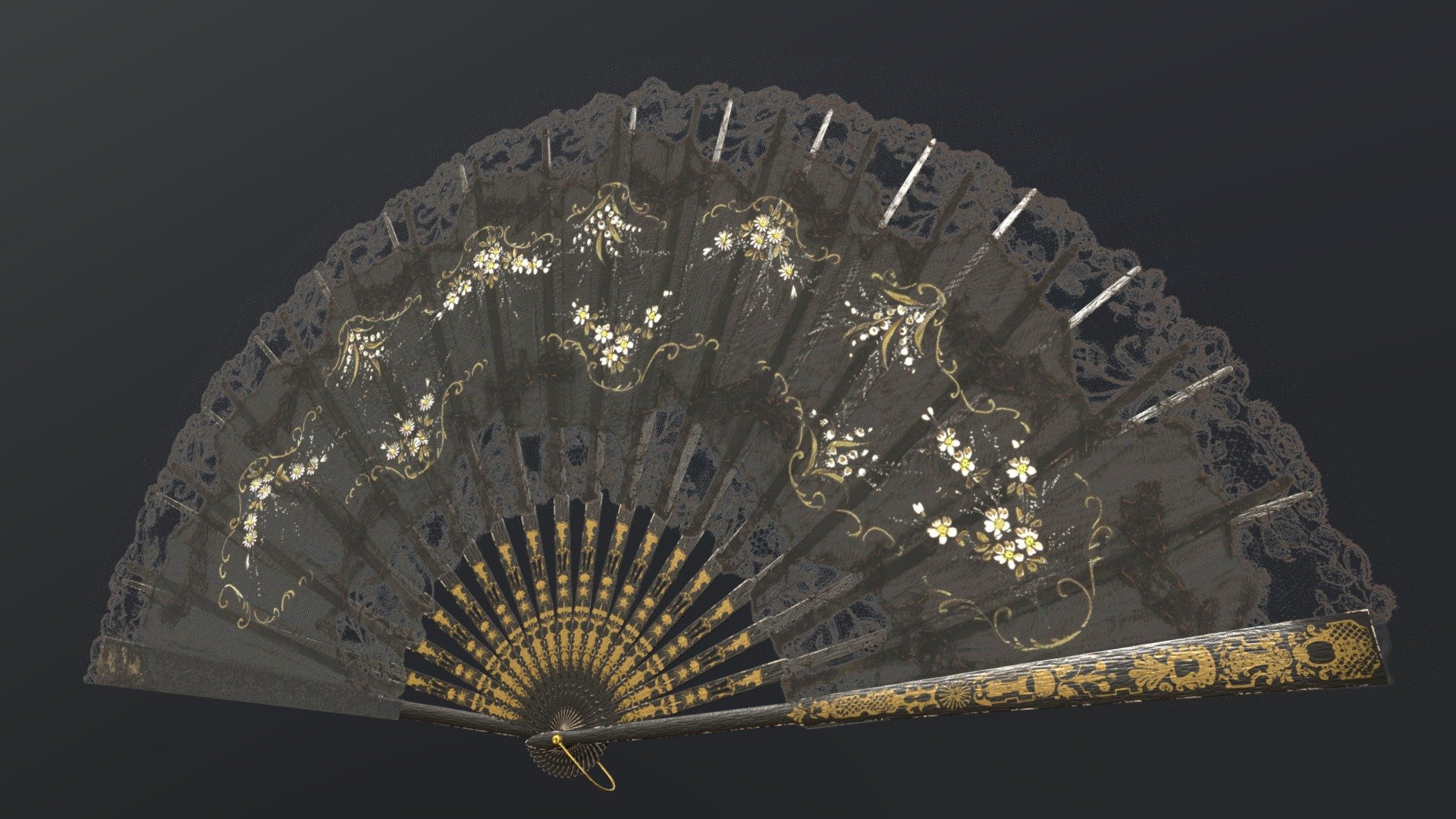 Western Europe 
1880s 
Dimensions: 34.5 х 22.2 х 63 cm
Materials: wood, gouache, gauze, lace, brass
Technique: carving, engraving, gilding, painting - Folding fan with may-lilies - 3D model by AERO3D (@aero3d.ua) 3d model