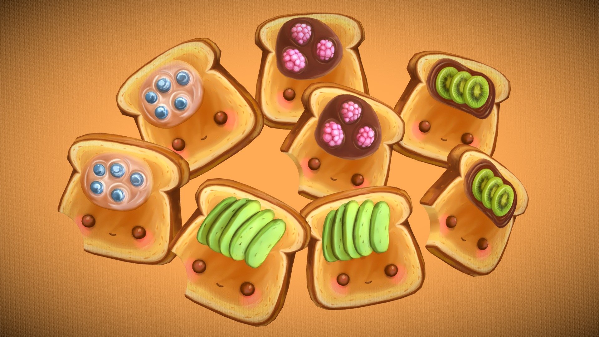 Toasts: whole and bitten out

8 FBX:  679- 865 Tris

With 4 different toppings:

- Blueberries /2

- Raspberry /2

- Kiwi /2

- Avocado /2

1 PNG textures 4K - Cute Toasts - Fruity - Buy Royalty Free 3D model by deko (@deko_ai) 3d model