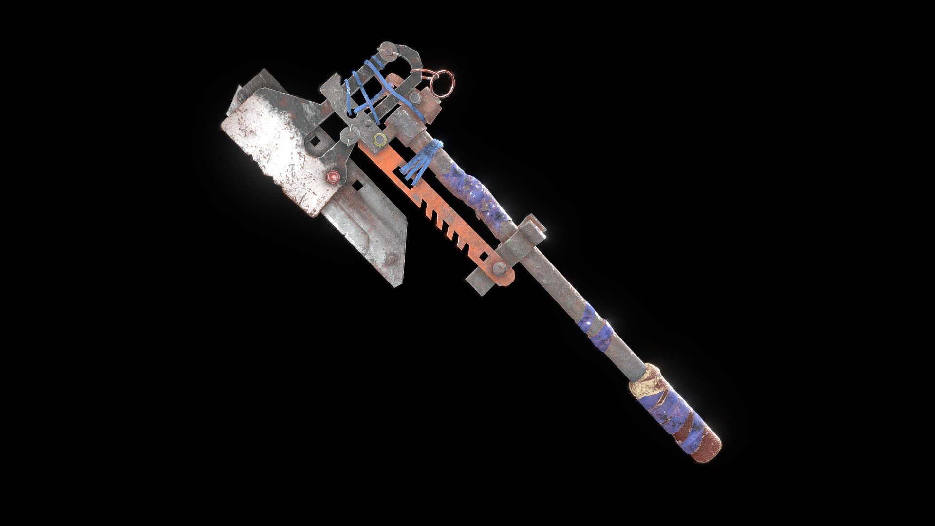 **Post Apocalyptic Axe Weapon
**

This is a Post Apocalyptic Axe to cover all your game ready needs. It is made with scraps and waste to make it more of a makeshift look. It is created with water pipes, duct tape, wires, saw, and metal scrap. Hope you guys like it.

The File Includes:-
* Axe Model (Base Mesh)
* Albedo Map
* Height Map
* Metalic Map
* Normal Map
* Roughness Map

For 8K Textures, Contact me on Instagram Click HERE
PLEASE TAG OR MENTION THE CREATOR UPON USE OF THE ASSET - Post Apocalyptic Makeshift Axe Weapon - Download Free 3D model by UmangRank 3d model