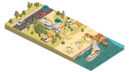 isometric camping scene on the river tree, landscape, tent, camping, yacht, van, river, lake, highway, road, wagon, coast, umbrella, travel, table, toilet, bio, journey, water, beach, motorway, bush, isometric, waggon, place, outlet, infographic, plage, illustration, tourism, tranport, autobahn, deckchair, places-travel, isometrical, tourboat, cartoon, car, sport, "radio", "bridge", "boat"