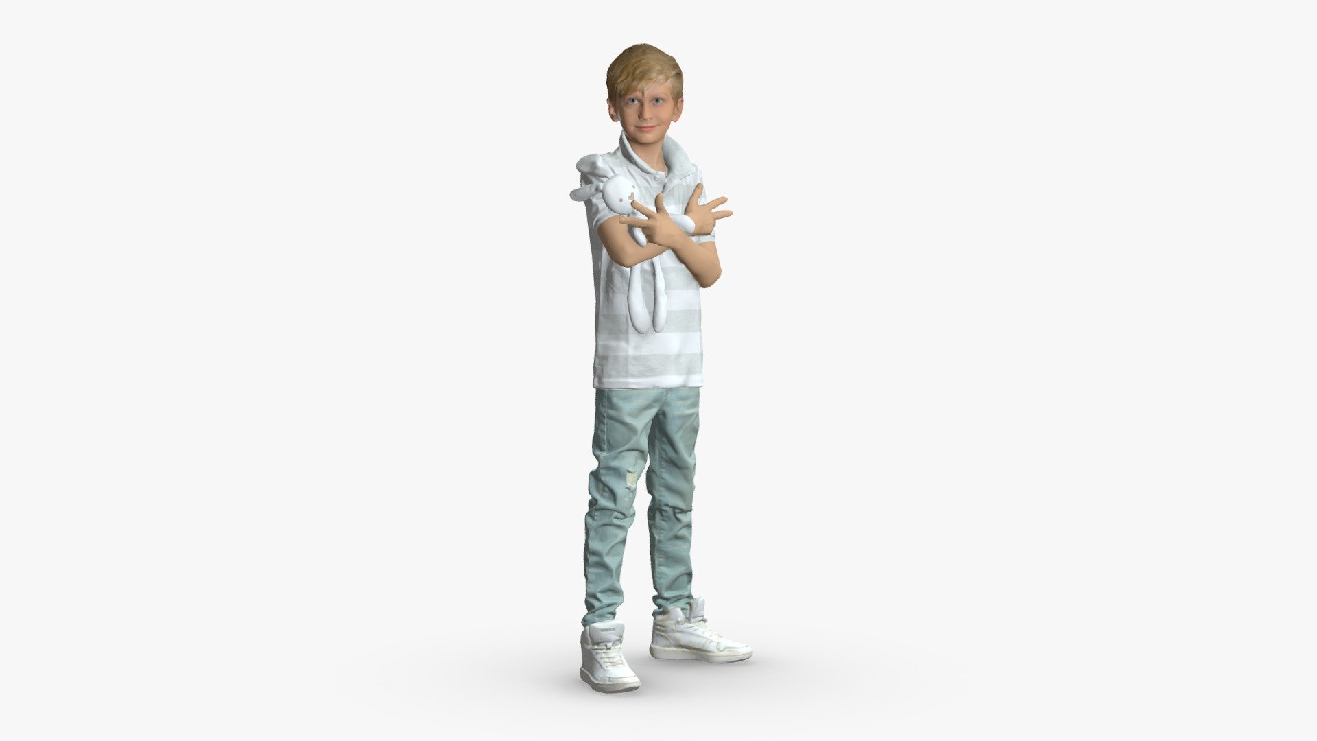 This 3D scanned model depicts a boy with light hair wearing a light striped shirt, light jeans, and white sneakers. His arms are crossed on his chest, and he is holding a soft toy rabbit in his hands.
The model is highly detailed and has a high resolution, allowing for every small detail in the boy's clothing and the toy rabbit to be examined, including textures.

Main features:

high-end realistic 3d scanned model;
realistic proportions;
highest quality;
low price;

FEATURES

3d scanned model
high resolution textures
real-world scale - 001513 - Cross-Armed Boy with Soft Toy Rabbit - Buy Royalty Free 3D model by 3DFarm 3d model