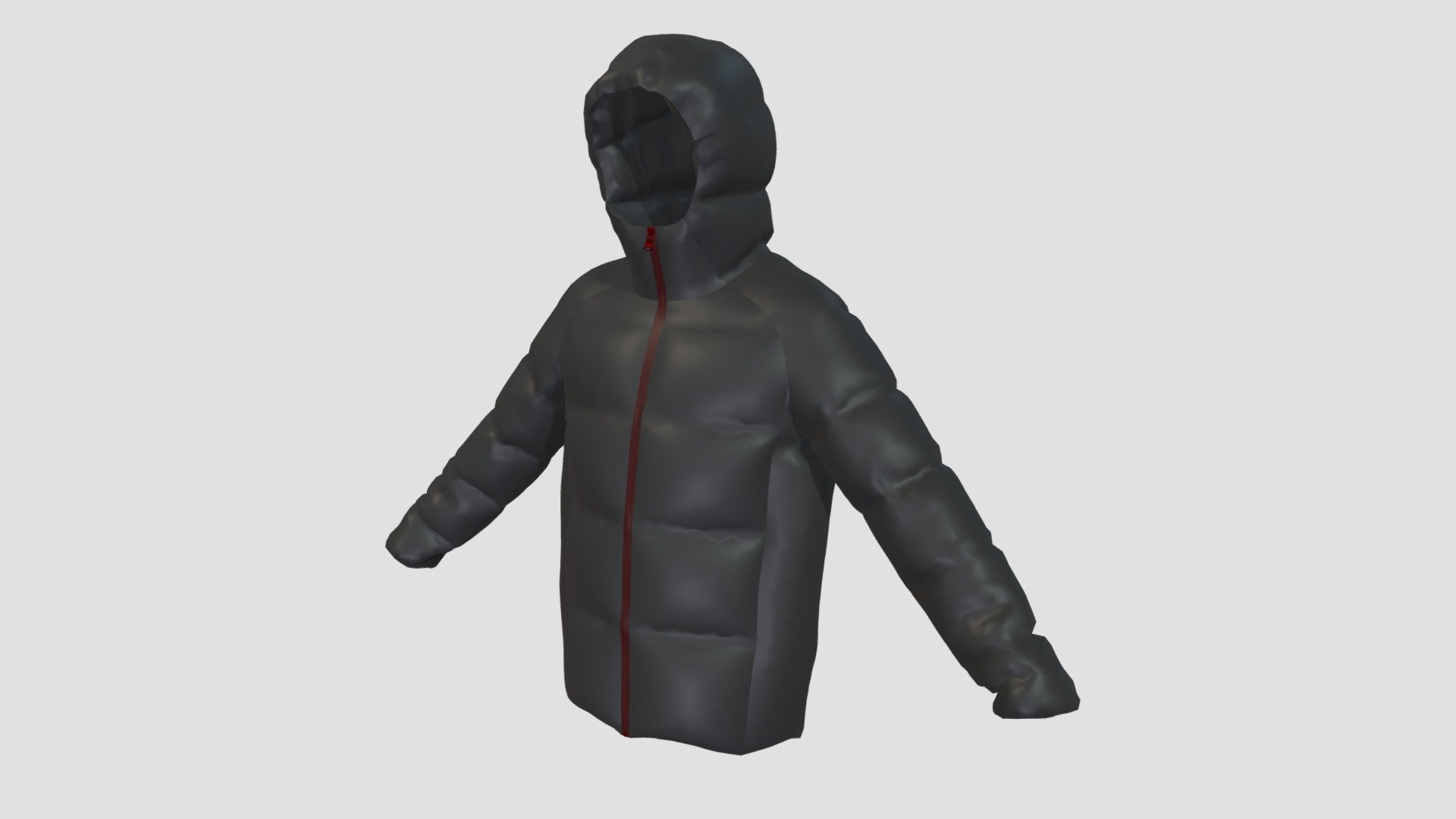 Goose down jacket, black shiny fabric, deep red metallic front zipper 3d model