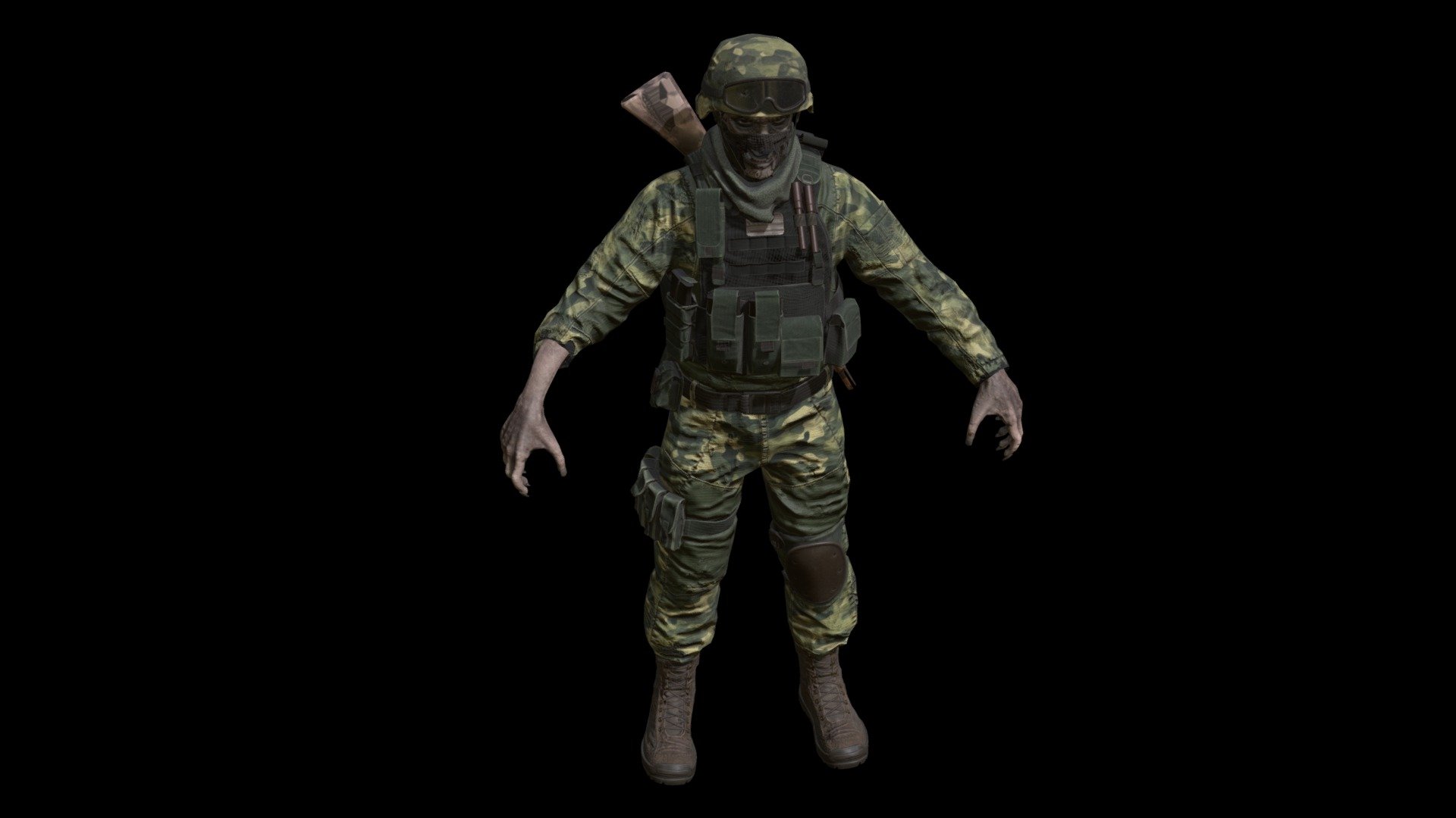 Low-poly model of the character Zombie Soldier
Suitable for games of different genre: RPG, strategy, first-person shooter, etc.
In the archive, the basic mesh (fbx and maya)

Textures pack map 4096x4096 and 2048x2048
three skins 
13 materials
46 textures
Extra joins
Jaw

Attention
The model is loaded and works in unreal engin 5 , But the skeleton has a structure from unreal engin 4 , be careful and consider this point

(full objects)
faces 48297
verts 47805
tris 90818 - Zombie_Soldier2 - Buy Royalty Free 3D model by dremorn 3d model