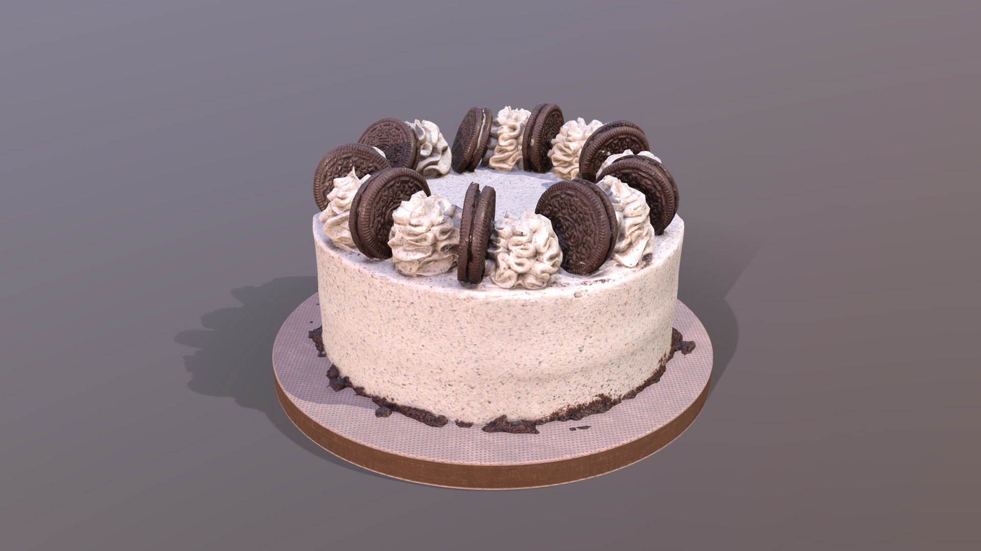 This premium Oreo Cookie Cake was created using photogrammetry which is made by CAKESBURG Premium Cake Shop in the UK. You can purchase real cake from this link: https://cakesburg.co.uk/collections/classic-cakes/products/cookies-and-cream-cake

Slice Textures 4096*4096px PBR photoscan-based materials (Base Color, Normal, Roughness, Specular, AO)

Click here for the cut version.
**
Click here for a slice of cake model 3d model