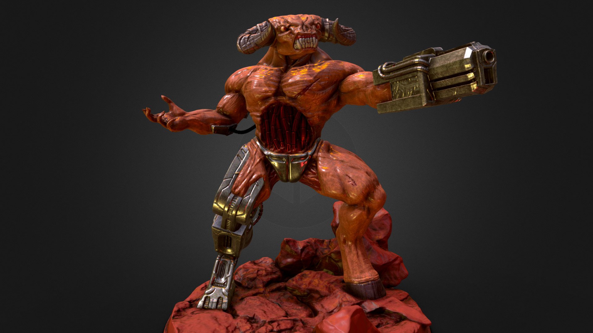 This is my sculpture of a modern interpretation of the Cyberdemon boss from the classic Doom. 
I used some old Doom concept drawings for reference and tried to addapt the sprite work into something more modern.
The original high resolution model was made for 3d printing, I added some color and used the high resolution meshes to make the normals in this 3d model
