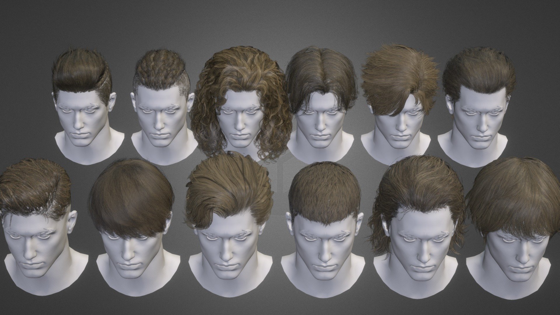 If you want male and female hair styles please visit my other popular products. 

Realtime hairstyle libilary:https://www.artstation.com/artwork/OGrlYb

hairstyles for male collection-01:https://www.artstation.com/a/27767557

hairstyles for male collection-02:https://www.artstation.com/a/33973718

hairstyles for male collection-03:https://www.artstation.com/a/34367499

hairstyles for male collection-04:https://www.artstation.com/a/34828845

hairstyles for male collection-05:https://www.artstation.com/a/35010070

Suitable for games &amp; both low-poly &amp; high-poly characters.Different hairstyles can be seperated and combined into more hairstyles.

All models have a clean topology and UVs, And ready to use.

Textures size 1024.Diffuse  Normal map and Alpha map included.

BLENDER 3.1 .FBX OBJ DAE Marmost toolbag 4 MAYA 2019 fomat included.

polycount(tris):114906 tris polygons for all 12 hairs. So each one is about 8000 tris polygons .

If you just want some hairstyles,very welcome to pm me.

Have a nice day~ - 12 Real-time men Hairstyles collection 06 - Buy Royalty Free 3D model by Vincent Page (@vincentpage) 3d model