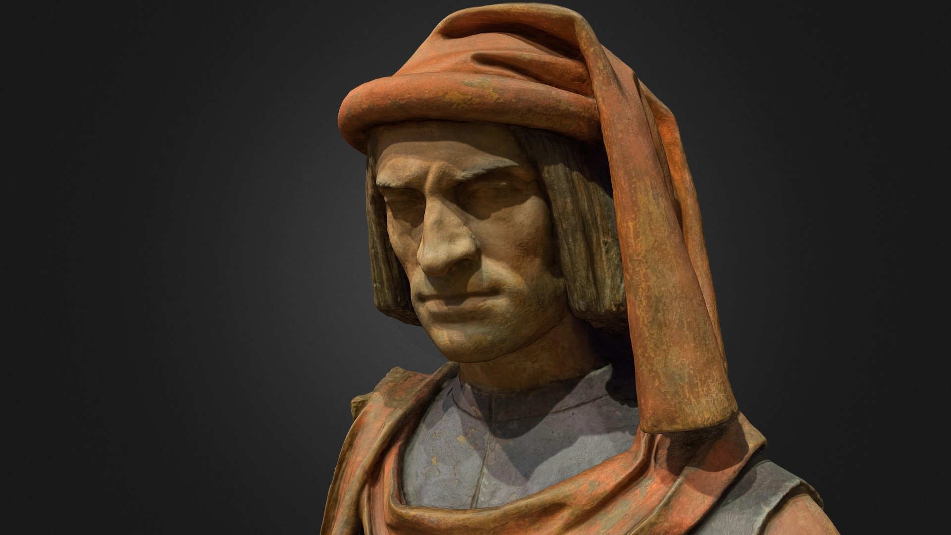 Artist unknown. Florentine, probably after a model by Andrea del Verrocchio and Orsino Benintendi, ca. 1513/1520. Polychrome terracota. National gallery of Art, Washington. Samuel H. Kress Collection. 
Lorenzo, known as the Magnificent, was the unofficial head of state in Florence from 1469 to 1492. After surviving an attack in 1478 at Florence Cathedral by conspirators (who assassinated his brother Giuliano), supporters commissioned life-size wax images of Lorenzo in churches in thanksgiving for his survival. Verrocchio reportedly supervised the wax specialist Orsino Benintendi in making those sculptures. 
This portrait, thought probably made later, may be based on the wax sculpture that was dressed in the clothes Lorenzo wore during the attack. He appeared in that attire at his window later that day to show the crowd he had survived 3d model