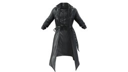 Female Long Black Leather Open Front Trench Coat agent, leathe, trench, front, fashion, urban, open, long, clothes, coat, shiny, casual, mens, wear, neo, pbr, low, poly, female, street, male, black