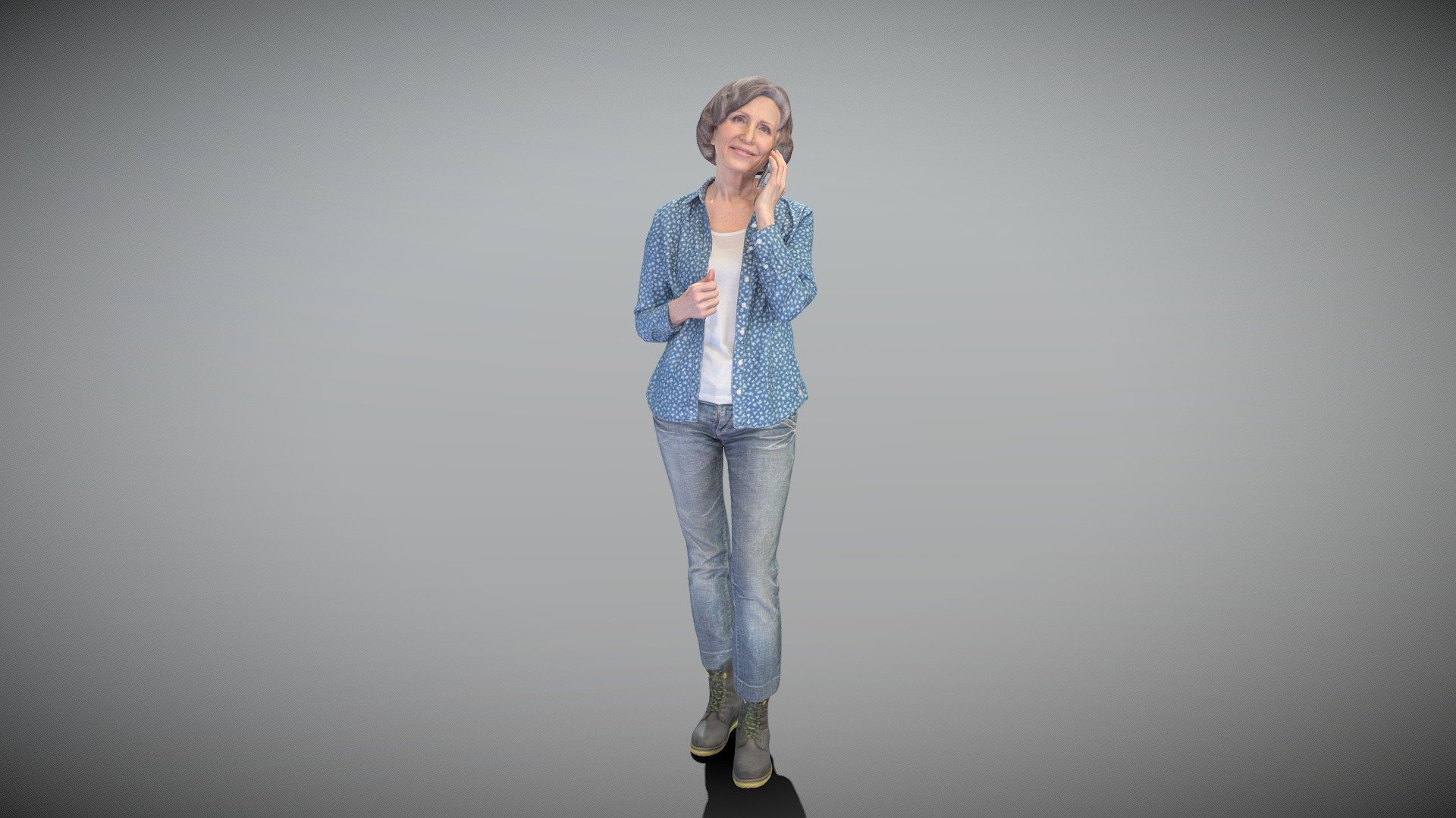 This is a true human size and detailed model of a beautiful woman of Caucasian appearance dressed in casual style. The model is captured in casual pose to be perfectly matching for various architectural, product visualization as a background character within urban installations, city designs, outdoor design presentations, VR/AR content, etc.

Technical specifications:




digital double 3d scan model

150k &amp; 30k triangles | double triangulated

high-poly model (.ztl tool with 5 subdivisions) clean and retopologized automatically via ZRemesher

sufficiently clean

PBR textures 8K resolution: Diffuse, Normal, Specular maps

non-overlapping UV map

no extra plugins are required for this model

Download package includes a Cinema 4D project file with Redshift shader, OBJ, FBX, STL files, which are applicable for 3ds Max, Maya, Unreal Engine, Unity, Blender, etc. All the textures you will find in the “Tex” folder, included into the main archive.

3D EVERYTHING

Stand with Ukraine! - Mature woman in casual talking on phone 402 - Buy Royalty Free 3D model by deep3dstudio 3d model