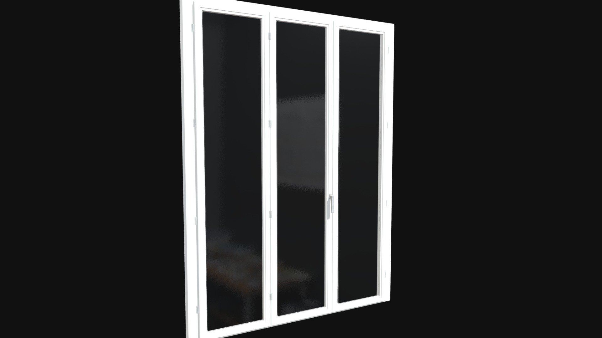 === The following description refers to the additional ZIP package provided with this model ===

A 3-panels French window door 3D Model. 8 individual objects (1 frame, 1 handle, 3 door frames, 3 windows; so, you can easily rotate or even animate them &mdash; see preview images), sharing 2 non overlapping UV Layout maps, Materials and PBR Textures sets. Production-ready 3D Model, with PBR materials, textures, non overlapping UV Layout map provided in the package.

Quads only geometries (no tris/ngons).

Formats included: FBX, OBJ; scenes: BLEND (with Cycles / Eevee PBR Materials and Textures); other: png with Alpha.

8 Objects (meshes), 2 PBR Materials, UV unwrapped (non overlapping UV Layout map provided in the package); UV-mapped Textures.

UV Layout maps and Image Textures resolutions: 2048x2048; PBR Textures made with Substance Painter.
Polygonal, QUADS ONLY (no tris/ngons); 20158 vertices, 20076 quad faces (40152 tris).
Real world dimensions; scene scale units: cm in Blender (that is: Metric with 0.01 scale) 3d model