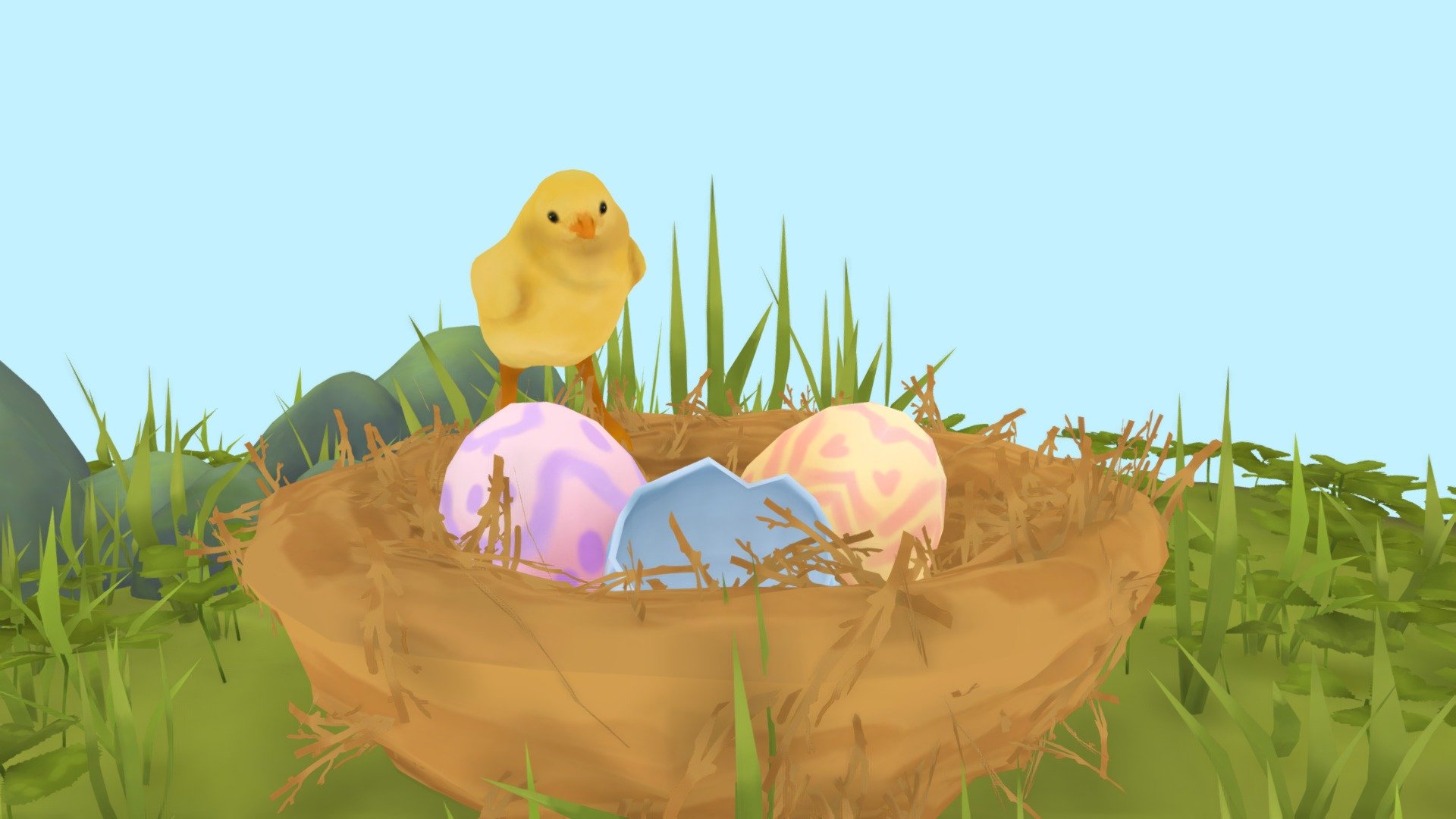 Handpainted model using blender of some easter eggs in a nest and a little chick :)

SketchfabWeeklyChallenge - Easter eggs - 3D model by Mewpet 3d model