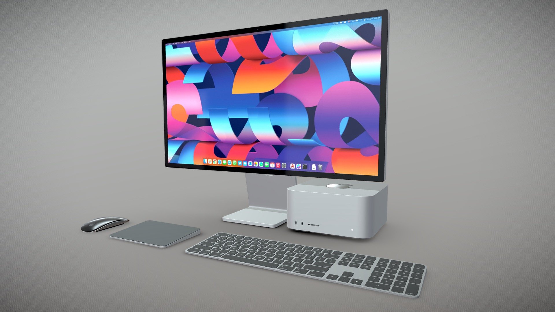 Apple Mac Studio &amp; Studio Display Full set

This 3D model is based on dimensions of “Apple Mac Studio &amp; Apple Studio Display &amp; All Magic Accessories”.
This 3D model was made in Cinema4D R19.
The model is very detailed, great for detailed scenes and close-up renders.
Materials and textures included.
All Textures in 4k resolution.
The model is fully UV unwrapped so you can use any other textures you want.
The Sub-Div Surface is applied to the model but to get smoother result you can add an other Sub-Div Surface

In case you want to use an other renderer o 3D software there is a PBR Metallic-Roughness texture file that can be use with FBX or Obj in any other software



Available render engines :


Corona 6 &amp; V-ray 5.1 for 3Dsmax
Redshift 2.6.41 for Cinema4d

Eevee For Blender



Available File Types :


3Ds Max 2016
3Ds Max 2019
Cinema4D R19
Blender 3.0
FBX
Obj

3ds



Units: cm


 - Apple Mac Studio & Studio Display Full set - Buy Royalty Free 3D model by amirhs0911 3d model