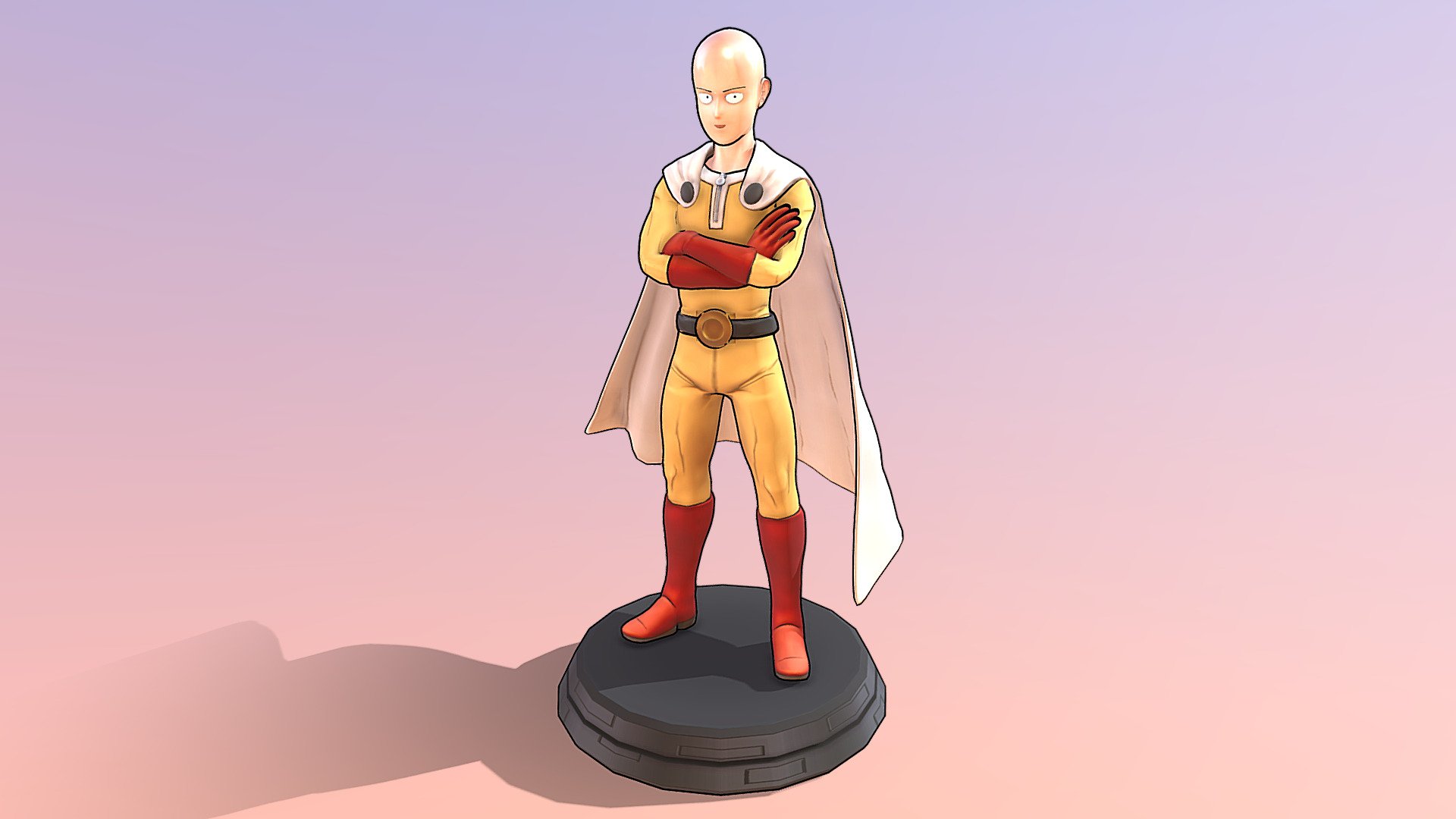 This is the 3rd version of the Saitama 3D character models that I have been working on over the past few weeks. I have learned a lot from creating this character, and am quite OK with the result. More 3D character designs will follow. :)

The initial high-resolution mesh was first sculpted using ZBrush, then ZRemeshed to create the 1st pass of retopology, which was then simplified and adjusted in Maya to make it cleaner and more game-ready. After the model was constructed in the &ldquo;A-pose