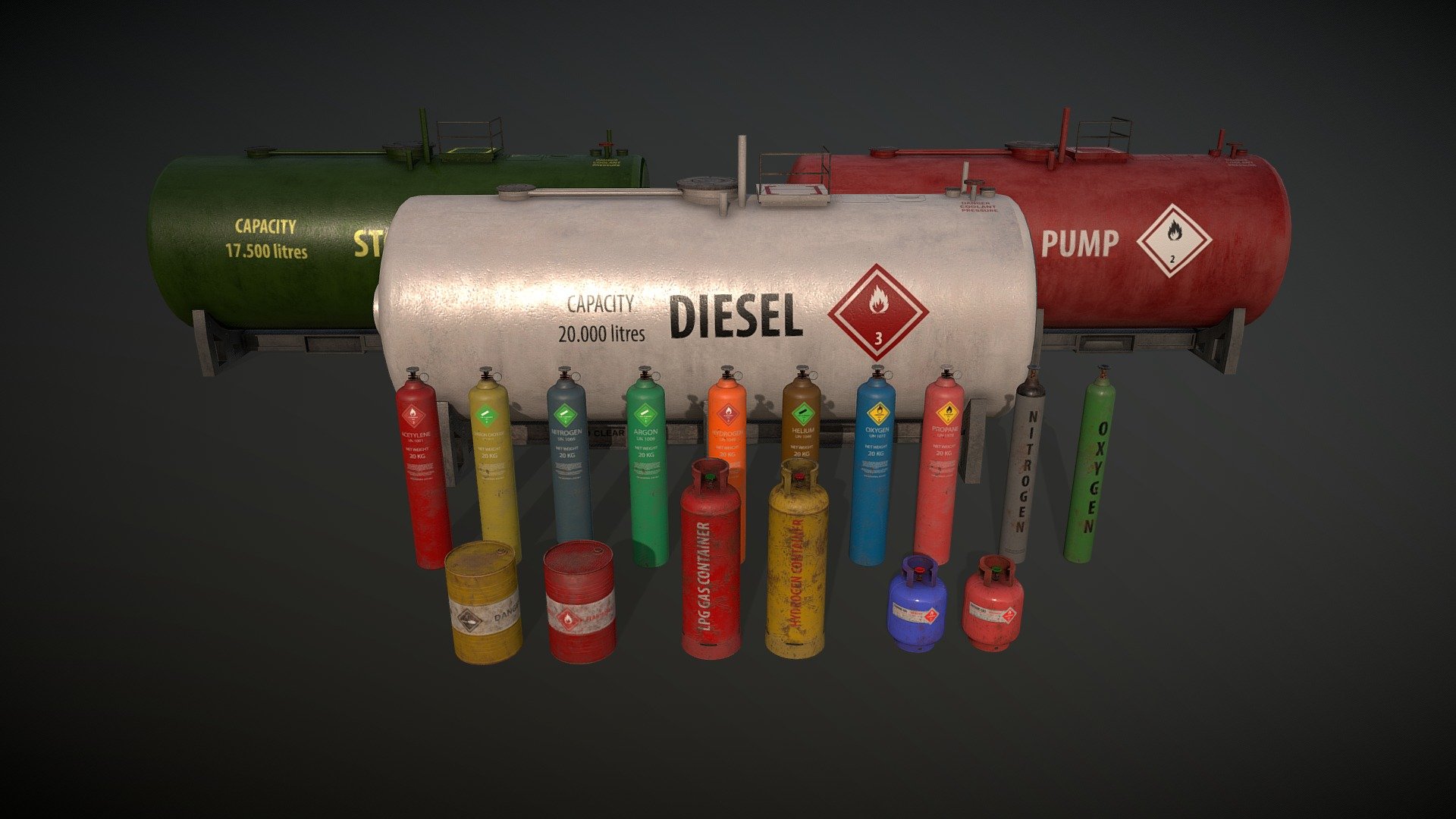 A collection of industrial storage tanks, 19 different props with optimized textures game-ready 3d model