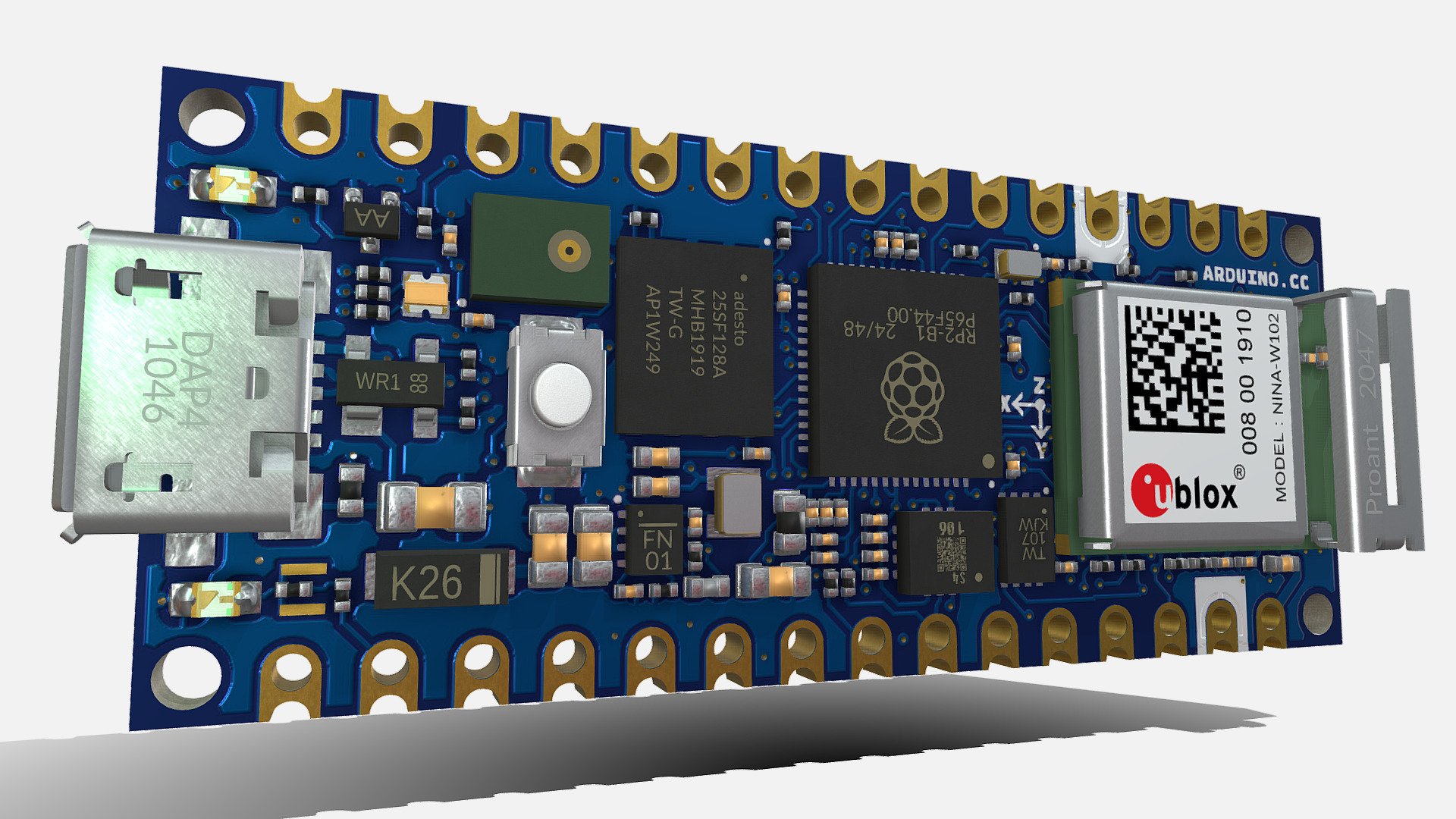 3D Model of the ARDUINO Nano RP2040. 
Description is visible here : https://docs.arduino.cc/hardware/nano-rp2040-connect

Model designed from the ALTIUM files availble in the web site and with blender tools v2.93.6.

All components can be modified (translate, delete,…). 
Don’t hesitate to comment somes hardware references that you want to see in sketchfab - Arduino Nano RP2040 - Buy Royalty Free 3D model by F2A (@Fa_Sketch) 3d model
