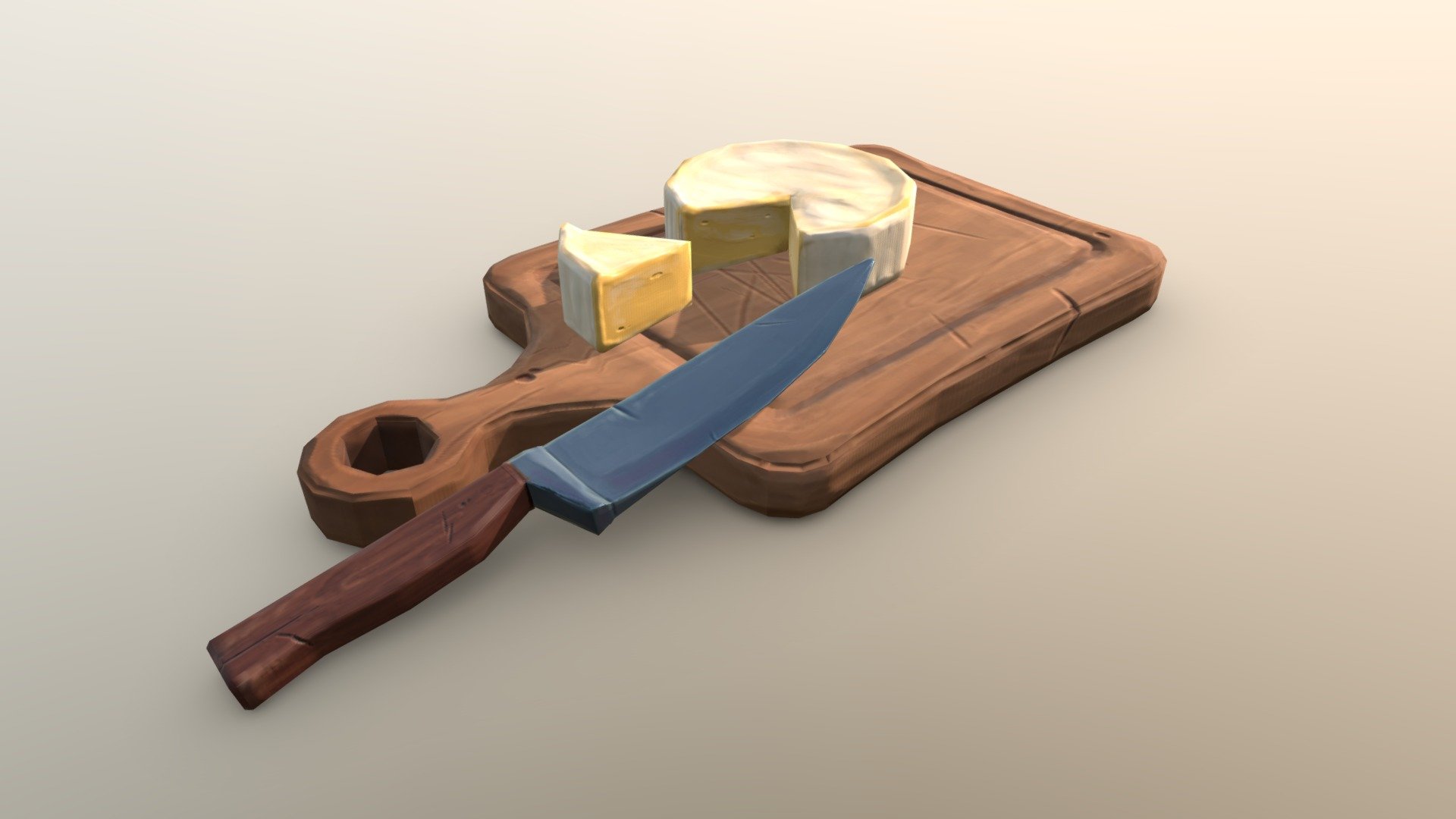 Stylised wheel of brie on a chopping board. Made using Maya, Zbrush, Substance Painter, and Photoshop 3d model