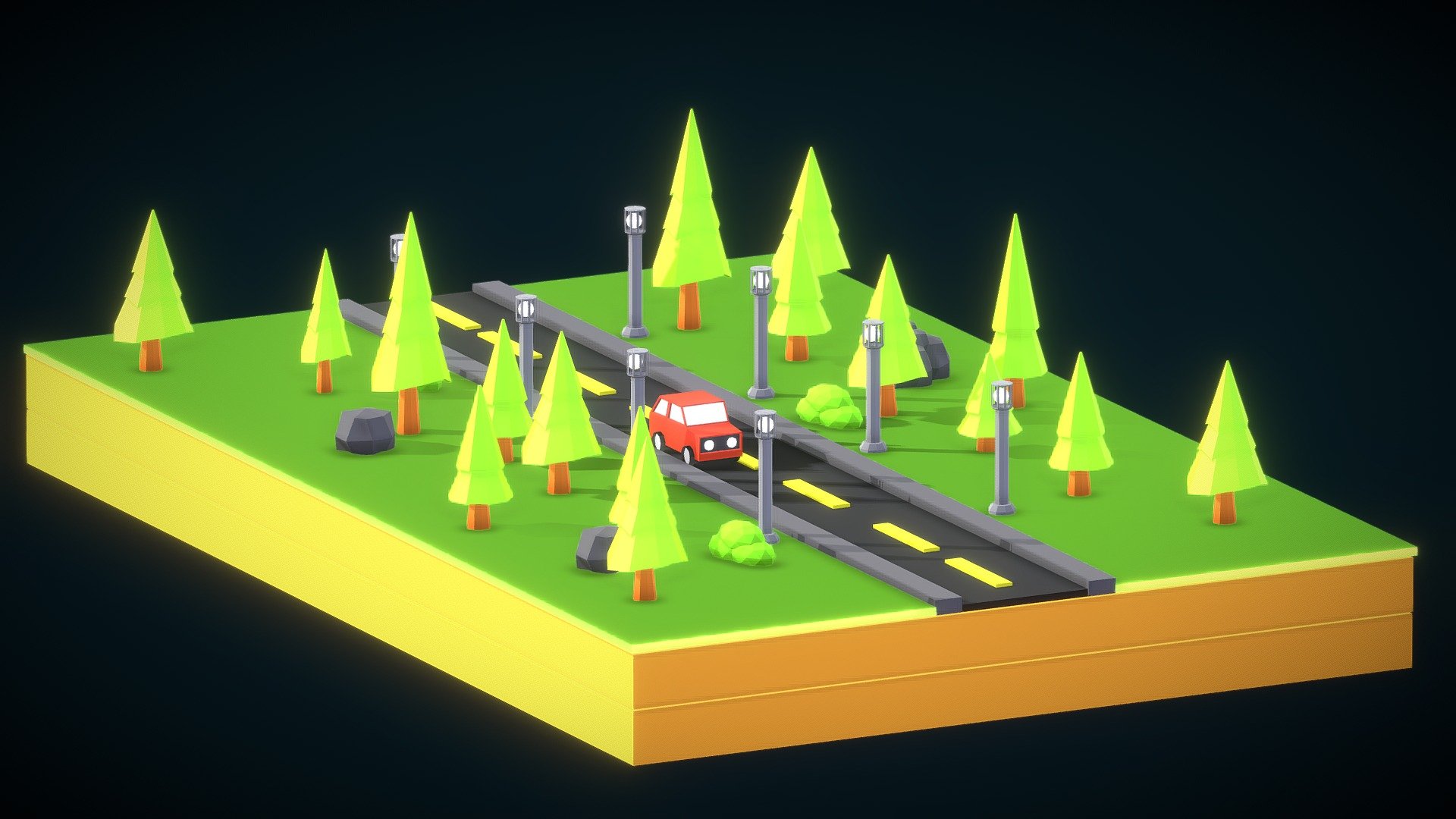 Low poly model made in blender of a forest in the night with a car in the center - LowPoly  Isometric Forest With  a Car - Download Free 3D model by ImADefaultCube117 (@20193dd085) 3d model