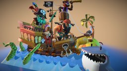 Pirates!! scene, scenery, blender-3d, cartoon, lowpoly, sea, pirates, boat