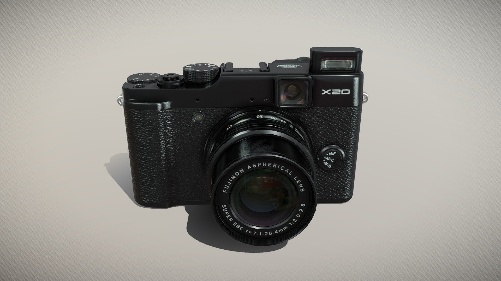 •   Let me present to you high-quality low-poly 3D model Fujifilm FinePix X20 Black. Modeling was made with ortho-photos of real camera that is why all details of design are recreated most authentically.

•    This model consists of a few meshes, it is low-polygonal and it has only two materials (Body and Glass of Lens).

•   The total of the main textures is 5. Resolution of all textures is 4096 pixels square aspect ratio in .png format. Also there is original texture file .PSD format in separate archive.

•   Polygon count of the model is – 7567.

•   The model has correct dimensions in real-world scale. All parts grouped and named correctly.

•   To use the model in other 3D programs there are scenes saved in formats .fbx, .obj, .DAE, .max (2010 version).

Note: If you see some artifacts on the textures, it means compression works in the Viewer. We recommend setting HD quality for textures. But anyway, original textures have no artifacts 3d model