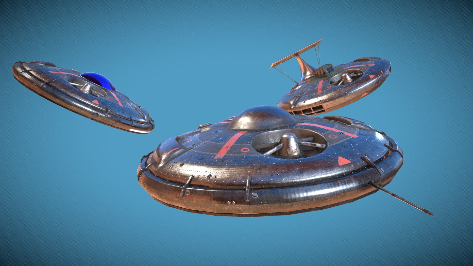 Fictional Retro-Future 1950s inspired VTOL UFO. Atmospheric Fighterjet or interceptor. Comes with human and alien cockpit options. This asset also includes via the additional files the drone / autonomous version of this aircraft in Blender format. (Not seen here, but can be previewed seperatley in my portfolio) - UFO Aero Fighter Mark 4 - Buy Royalty Free 3D model by Mad_Lobster_Workshop 3d model