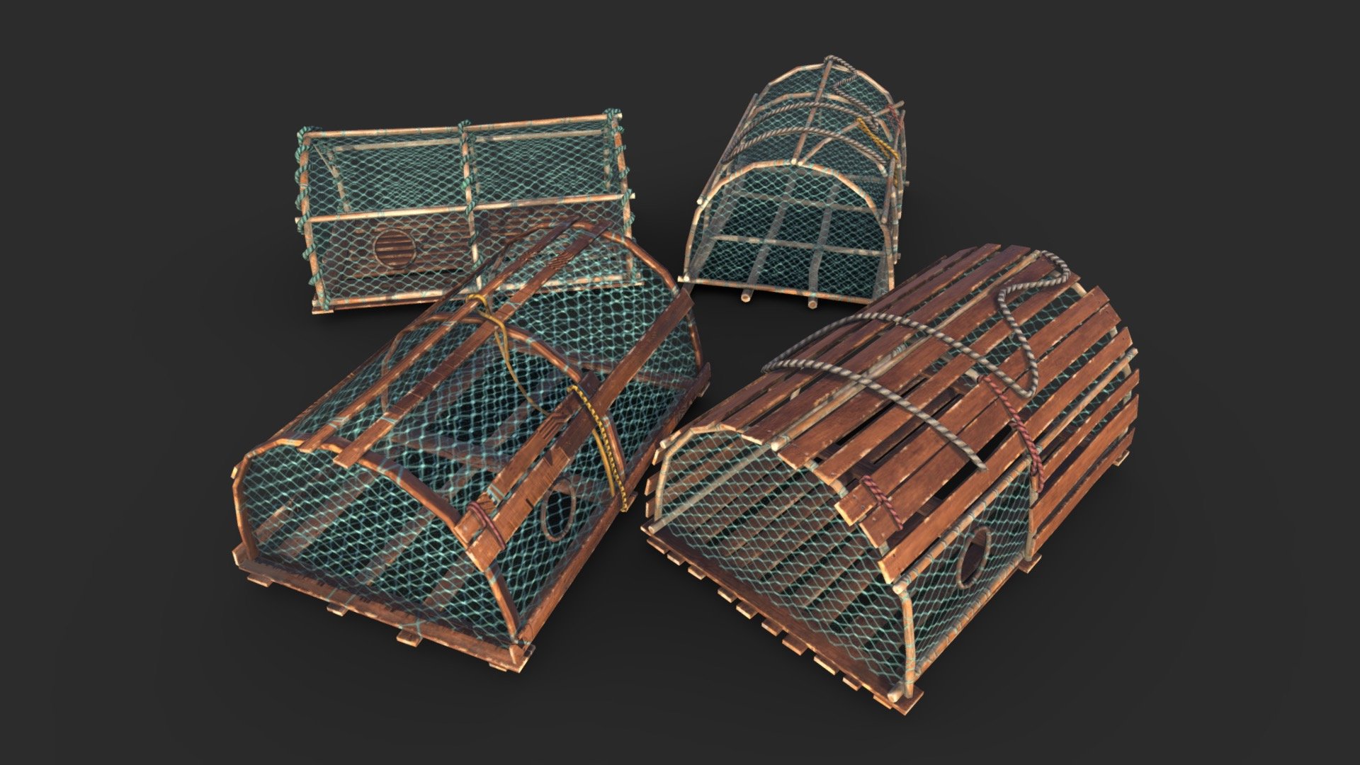 This Wooden Crab Traps Collection includes 4 variants of crap traps and 4 LODs and colliders each to be ready for game. 

The asset is available in realistic style and can be used in any game (post-apo, first person shooter, GTA like, historical… ). All objects share a unique material for the best optimization for games. 

This AAA game model of fishing tool will embellish you scene and add more details which can help the gameplay and the game-design or level-design. 

Low-poly model &amp; Blender native 3.4

SPECIFICATIONS




Objects : 4

Polygons : 1290

Subdivision ready : No

Render engine : Eevee (Cycles ready)

GAME SPECS




LODs : Yes (inside FBX for Unity &amp; Unreal)

Numbers of LODs : 4

Collider : Yes

EXPORTED FORMATS

FBX
Collada
OBJ

TEXTURES




Materials in scene : 4

Textures sizes : 4K

Textures types : Base Color, Metallic, Roughness, Normal (DirectX &amp; OpenGL), Heigh, AO (also Unity &amp; Unreal ARM workflow maps)

Textures format : PNG

GENERAL

Real scale : Yes - Crab Traps Collection - Buy Royalty Free 3D model by KangaroOz 3D (@KangaroOz-3D) 3d model
