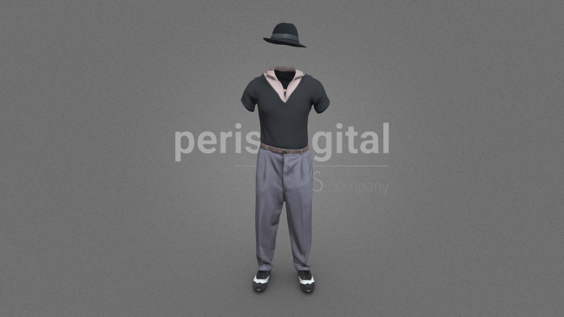 Black hat, blue short sleeve printed v-neck polo shirt, gray dress pants, brown leather belt, black leather belt, black oxford shoes with white trim

Our &ldquo;40s Fashion