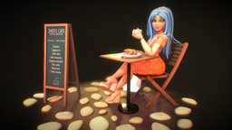 Lola Lux orange, coffee, b3d, sign, table, dress, ztitus, girl, blender3d, stylized, blue, lolalux