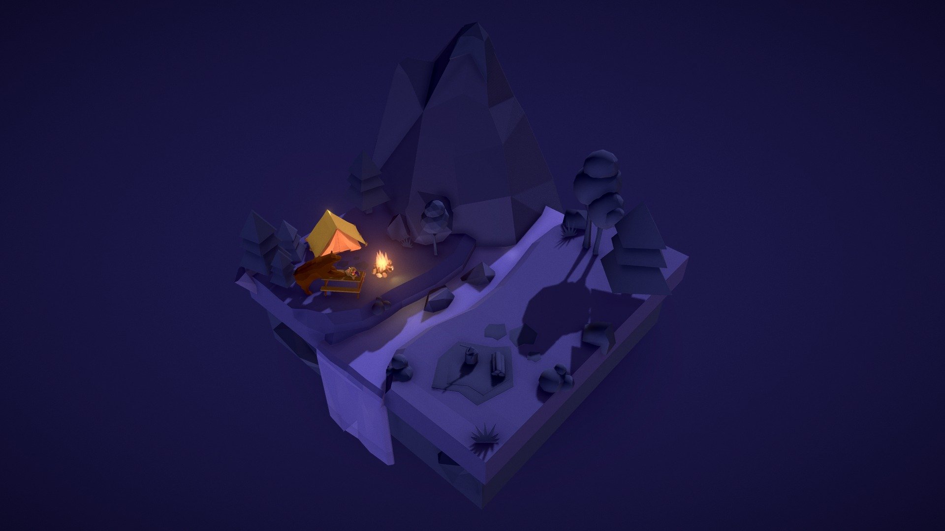 Low poly landscape featuring a tent, river, picnic basket, a grizzly bear and many other cool stuff.

Series 1/3
Day, Evening and Night

Whole project &amp; photos at Behance - Camping Weekend (Night) - Low poly landscape - 3D model by Remedio Chino (@remediochino) 3d model