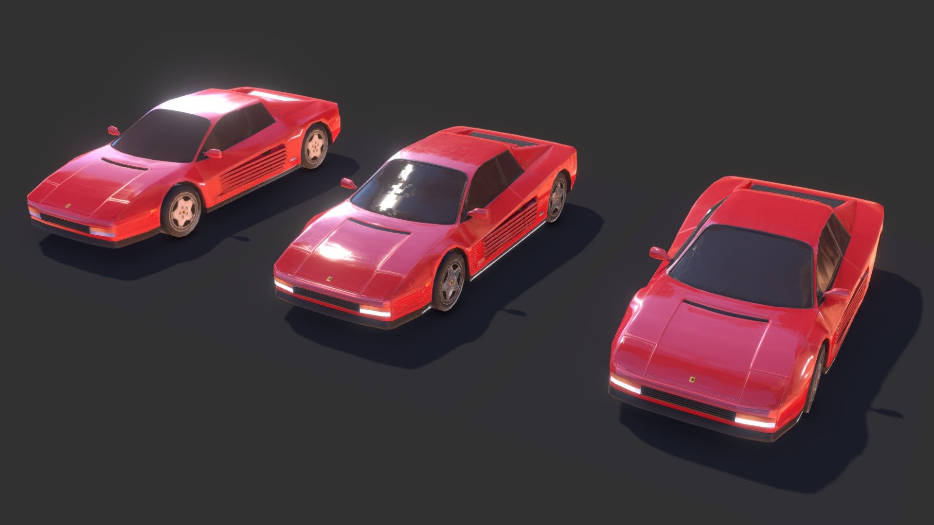 Low-Poly Pack for Retrorunner Testarossa. Inspired by 80s  nostalgia and New Retrowave art and music. Minor tweaks to avoid trademark issues when used in commercial projects.

AAA Quality, Mobile Friendly. Materials &amp; Textures are compatible with PBR and Legacy shading environments. Mobile Version (3504 Tris) shown uses only Color &amp; Specular Textures (512x512) without a Normal Map.




Low-Poly Lod 2: 1 Chasis 4 Wheels (3504 Tris).

Low-Poly Lod 1: 1 Chasis, 4 Wheels (6307 Tris).

PSD &amp; PNG's: Albedo, Normal, Rough, Occlusion &amp; Emissives

Includes 2K, 1024 &amp; 512 (Mobile) resolutions.

Includes Shadow Plane with Material &amp; Textures.

Asset is composed of Chasis with 4 Wheels with 1 Material.

Wheels are placed with correct pivots.

Emissives are shown.

2K Textures &amp; .blend files included.

Alt Colors (White, Blue, Black, Teal) are being packaged for future updates. Please leave preferences in comments. 

Also Available: Mid-High Poly Version (10k Tris) - Retrorunner Testarossa Low-Poly Pack - Buy Royalty Free 3D model by Mega Blaster Systems (@megablastersystems) 3d model