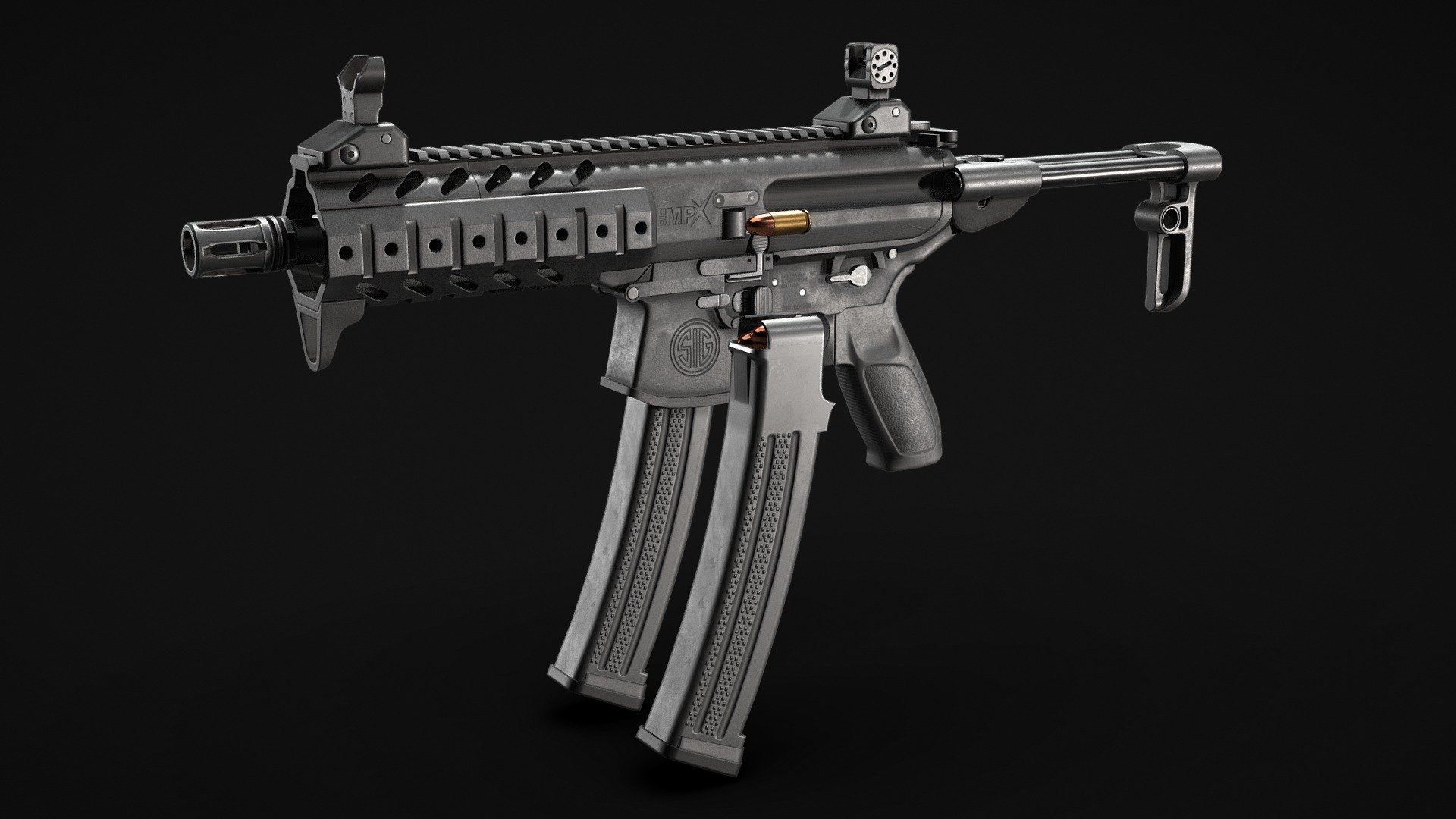 Game ready mesh and textures for the Sig Sauer MPX model for an FPS project.

Textures.

High resolution textures(4k) exported out of Substance Painter for Unreal Engine 4 and Unity. And also there is a main textures packs(Base Color, Height, Metallic, Mixed AO, Normal, Normal DirectX and Roughness maps) - just in case.

Meshes.

All meshes were exported in fbx. and obj. formats.

Substance Painter.
There is an .spp file with only mesh and all the baked maps.

Polycount:

Gun: 16 000 faces (~28 000 tris) 

Magazine: 624 faces (~ 1100 tris) 

Bullet: 280 faces (~ 500 tris)

! Attention this 3D model is not 3D printable. !

Questions.

If you have any questions - contact me at disu.post@gmail.com - Sig Sauer MPX (Retexture) - 3D model by di_su 3d model