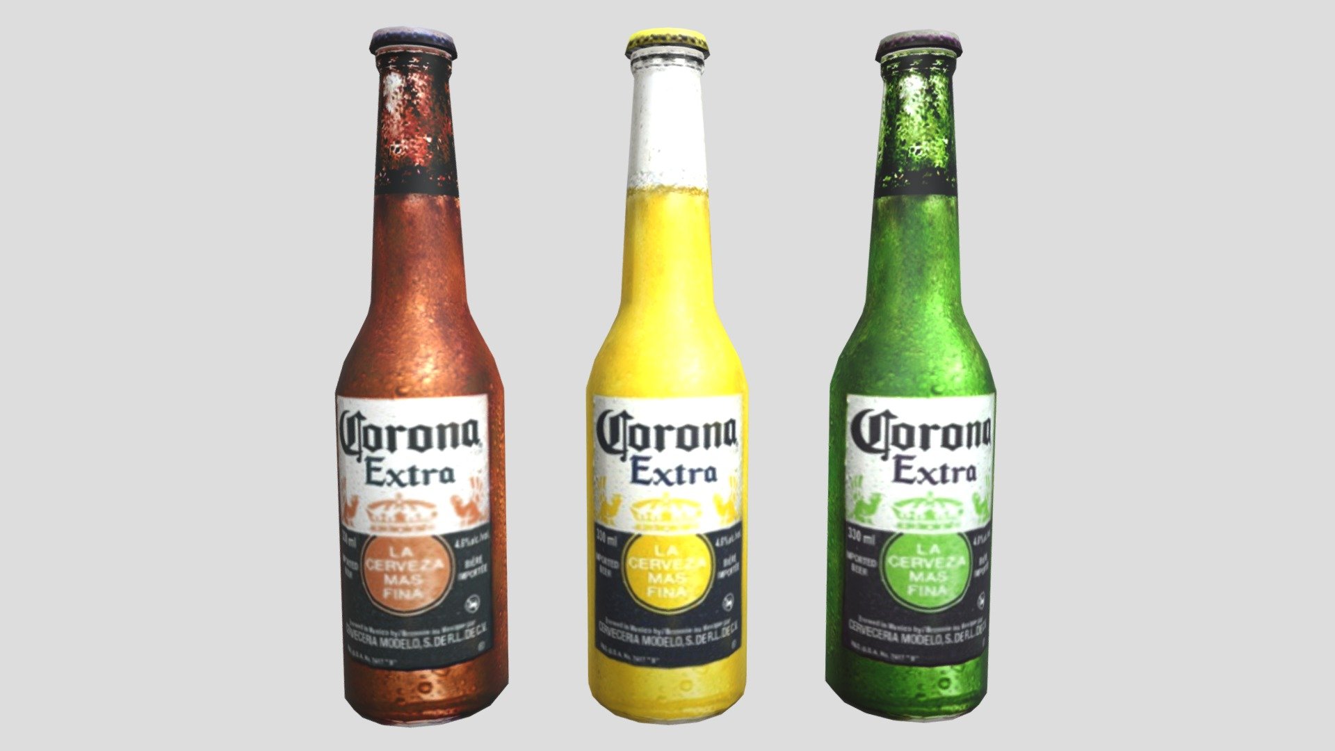 Corona beer! ^^
Just a free low poly model i created in Blender for some little project (map) and it's free to use! ^^!

The model has 3 textures with 3 diffrent colors: (brown, yellow and green) each texture is 512x512 size! ^^

The model has: (for each bottle)




Verts: 210.

Faces: 224.

Tris: 416.

The zip file contains:




3 textures and the UV texture.

1 Photoshop file (*.PSD)

1 Blender file. (*.BLEND)

1 Simple file verification (*.SFV)

Enjoy the model! ^^ You can use it freely with your projects for games or art or whatever you want! ^^

Feel free to modify the model / textures and / or add more textures if you want.




You can credit me if you want i don't really care. ^^
 - Corona Beer - Low Poly - Download Free 3D model by Liorlevi99 3d model