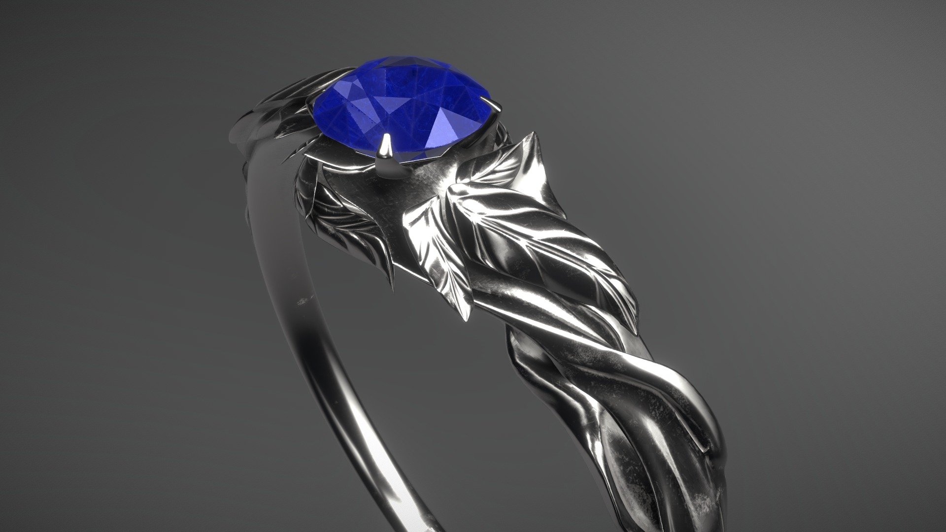 Ring made of white gold with saphire and leaf forms.
The model was created in Blender and textured in Substance Painter 3d model