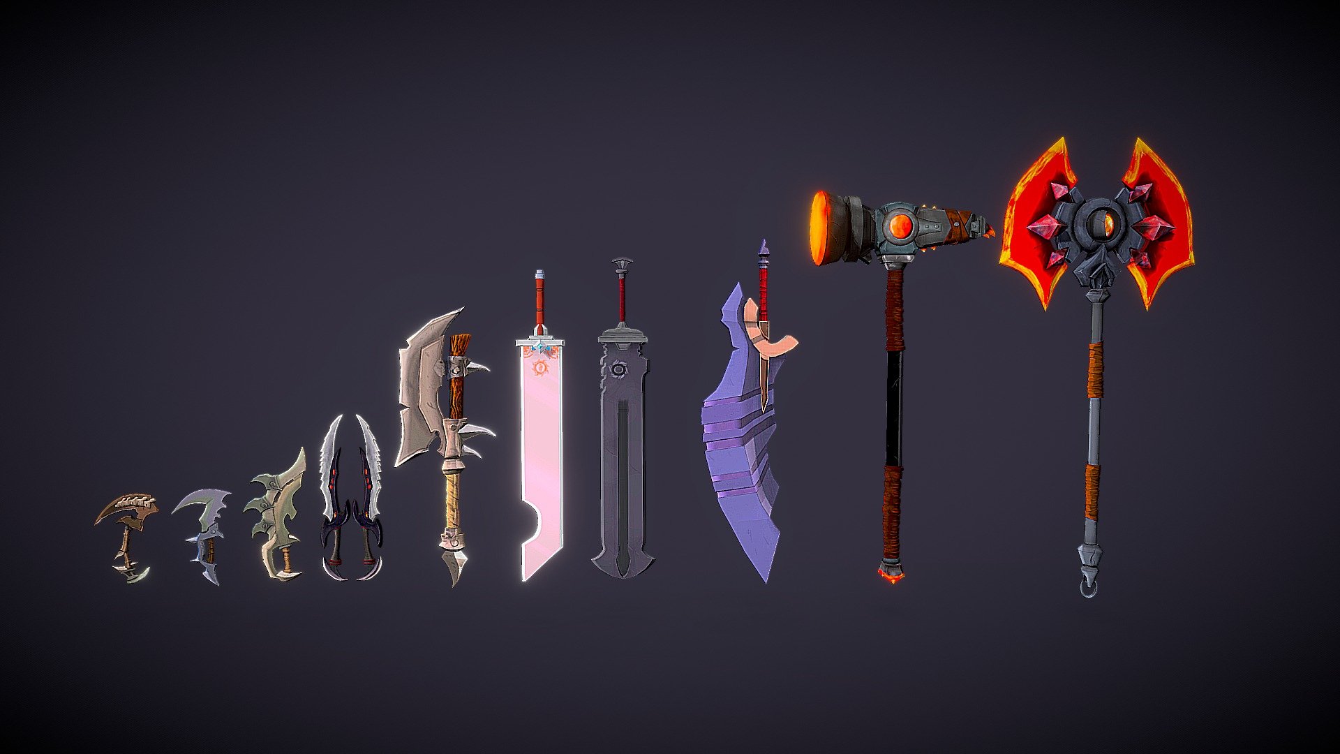 low poly weapon pack
created in blender 2.91
   more detail on the link &gt;&gt; www.artstation.com/artwork/zOYOoD

www.instagram.com/scrawl_h/ - pack of 10 low poly fantasy weapons - Buy Royalty Free 3D model by H.art 3d model