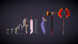pack of 10 low poly fantasy weapons rpg, uv, mmorpg, uvmap, assets-game, asset, 3d, weapons, lowpoly, gameasset, sword
