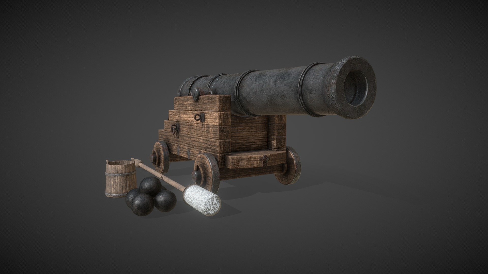 PBR Game-ready model of ship cannon. Textures resolution - 2048x2048 px. Additional .zip file contains 3d model in fbx format 3d model