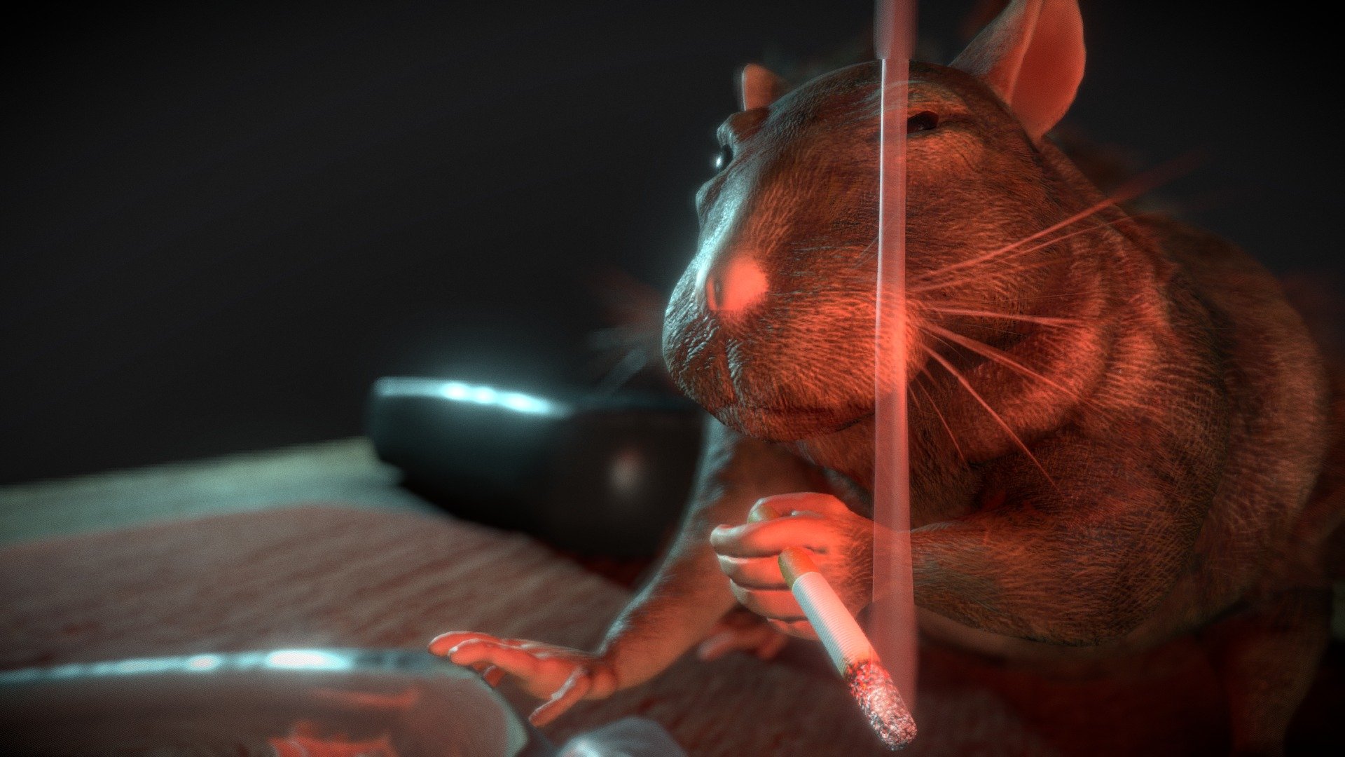 A rotund rat enjoying a cigarette.

Workflow:
Maya (Lowpoly) -&gt; Zbrush Sculpt (HiPoly) -&gt; Maya (Cloth + Smoke simulation) -&gt; Substance (PBR Pass) -&gt; Sketchfab

So some things I did with this one were use Maya fluid simulations and then made duplicates of the geometry on each frame of the simulation. To animate this, &lsquo;Visbility' was animated on stepped mode to &lsquo;on' and &lsquo;off'. The cloth was shaped using nCloth and the table as a collider. This was baked into static mesh. All of the models have mesh maps and hi polys that were baked in Substance (curvature, thickness, etc.). The hair was made in photoshop with transparency and then placed card by card on the mesh.

Enjoy!

CONTACT for other model formats if neccesary 3d model