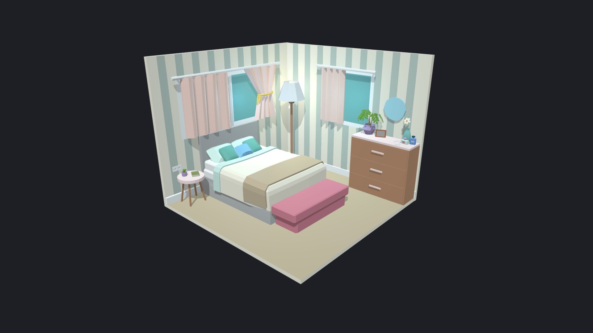 Low poly room is ready to be used for games, rendering and advertising.

This is a bedroom complete with furniture.

This set includes 21 unique props: bed / cabinet / table / flowers / curtains / accessories and much more!

Technical details:

The whole room has:




Vertex: 5332

Faces: 5077

Tris: 9602

Has only one color texture (2048/1024/512/256 /128px) and one material for the entire game set.

Feel free to download it and leave your reviews, comments and likes. This will help us create more products for you :) - Bedroom 14 Low-poly 3D model - Buy Royalty Free 3D model by Mnostva 3d model