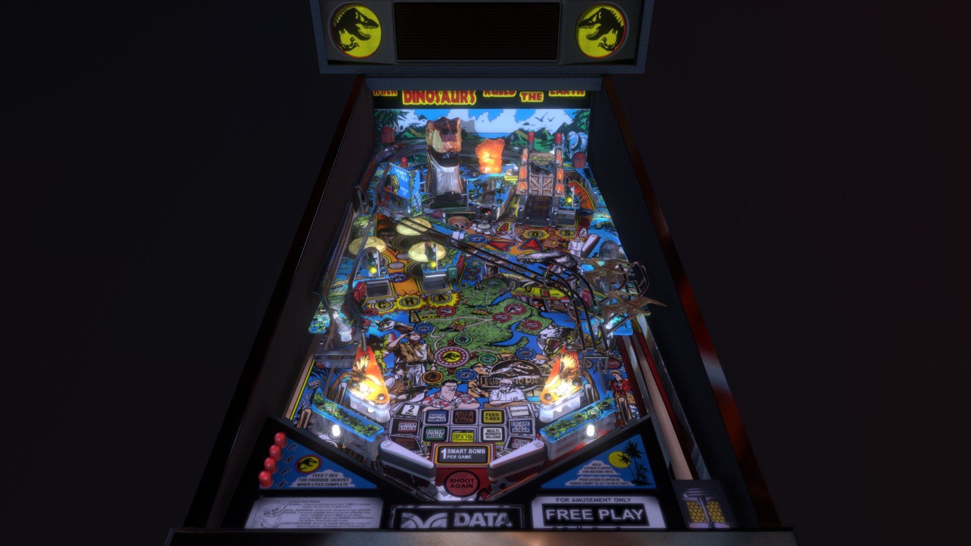 A Virtual Pinball recreation which can be downloaded from www.vpinball.com and played with visual pinball emulator.  You can also see my project posted there for how it was all made.  EDIT: This is no longer available for download since vpinball decided to shut down since too many scumbags were trying to make money off of the virtual pinball hobby community

Almost all of the artwork on the table was redrawn for this project, just about everything is in good HD quality so you can really zoom up on all the beautiful artwork!

Many aspects of the table utilise pre-rendered texture maps for added realism.

Much of the artwork for this table was redrawn in high resolution, I've made this model available for purchase but be aware that if you are buying it, the artwork and IP's are property of their respective owners and you are purchasing it for entertainment purposes only 3d model