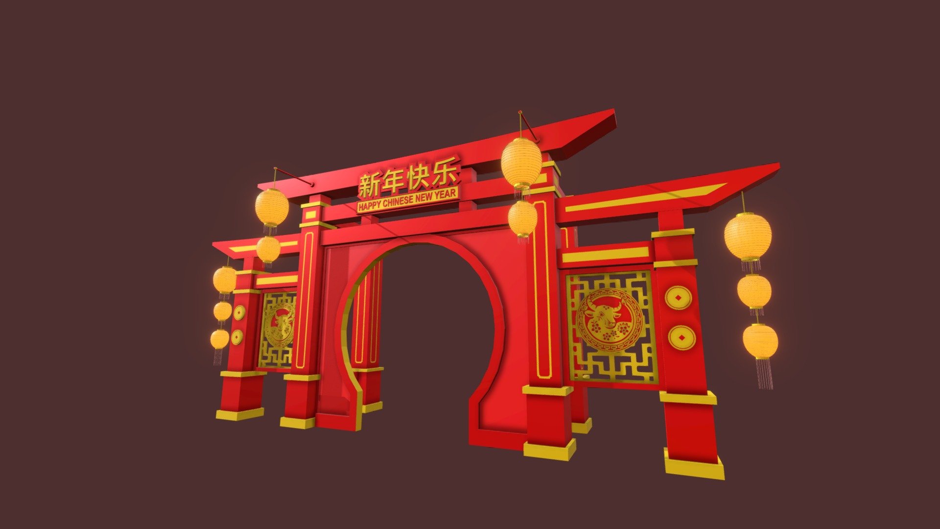 Chinese traditional door gate is typically made of wood and has a distinct shape with a curved roof and decorative ornaments that depict good fortune and symbolism in Chinese culture. This door gate is usually an important symbol in traditional Chinese architecture, especially in historical buildings such as temples and palaces 3d model