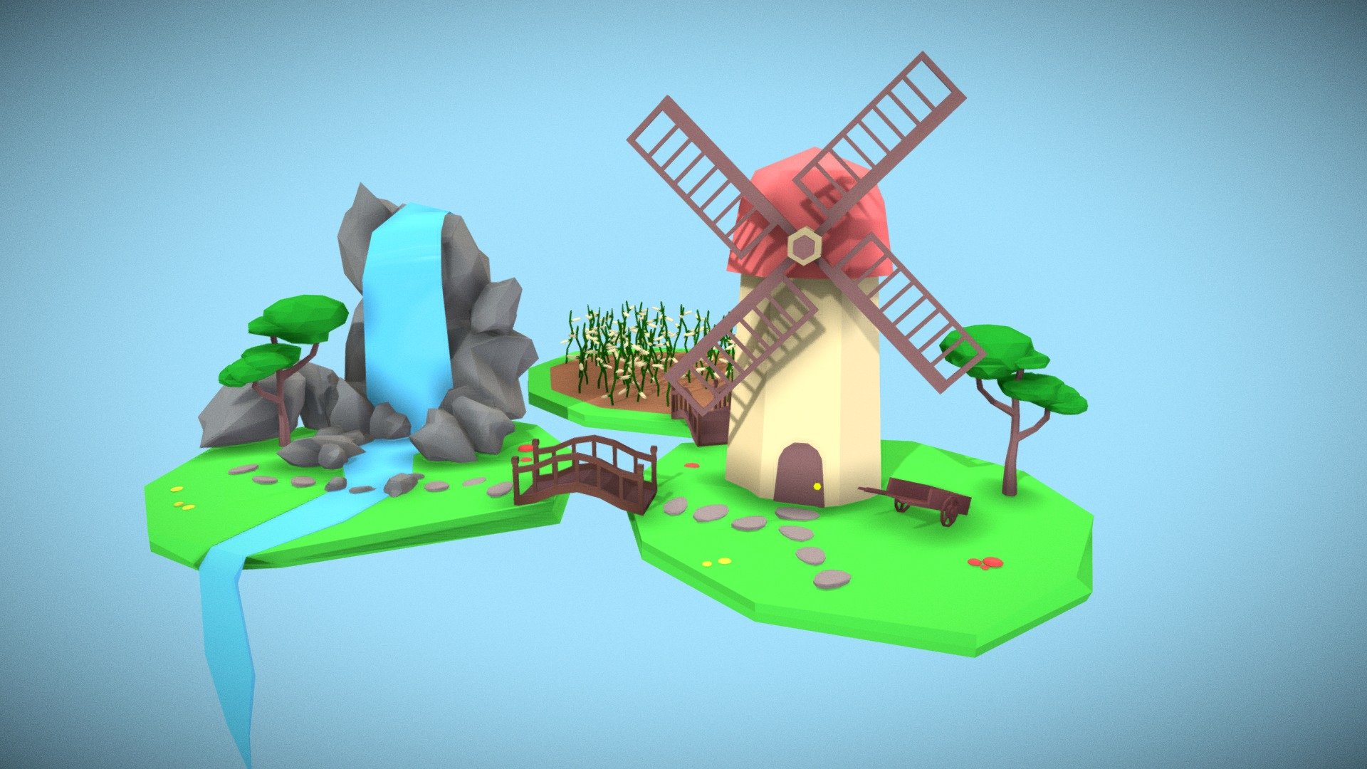 A simple low poly scene with a windmill as the protagonist. No texture used, just plain materials. Made with Blender - Low Poly Windmill - 3D model by maglions 3d model