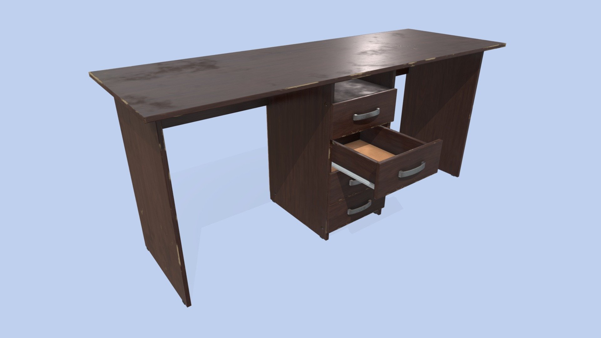 Game ready low-poly Old Desk model with PBR textures for game engines/renderers.

This product is intended for game/real time/background use. This model is not intended for subdivision. Geometry is triangulated. Model unwrapped manually. All materials and objects named appropriately. Scaled to approximate real world size(Height: 750mm/29.5 inches, Width: 1748mm/68.8 inches, Depth: 600mm/23.6 inches). Tested in Marmoset Toolbag 3. Tested in Unreal Engine 4. Tested in Unity. No special plugins needed. .obj and .fbx versions exported from Blender 2.83.

4096x4096 textures in png format:
- General PBR Metallic/Roughness  textures: BaseColor, Metallic, Roughness, Normal(DirectX), Normal(OpenGL), AO;
- Unity Textures: Albedo, MetallicSmoothness, Normal, AO;
- Unreal Engine 4 textures: BaseColor, OcclusionRoughnessMetallic, Normal;
- PBR Specular/Glossiness textures: Diffuse, Specular, Glossiness, Normal(DirectX), Normal(OpenGL), AO.

Also included clean variant of textures
 - Old Desk - Buy Royalty Free 3D model by AshMesh 3d model